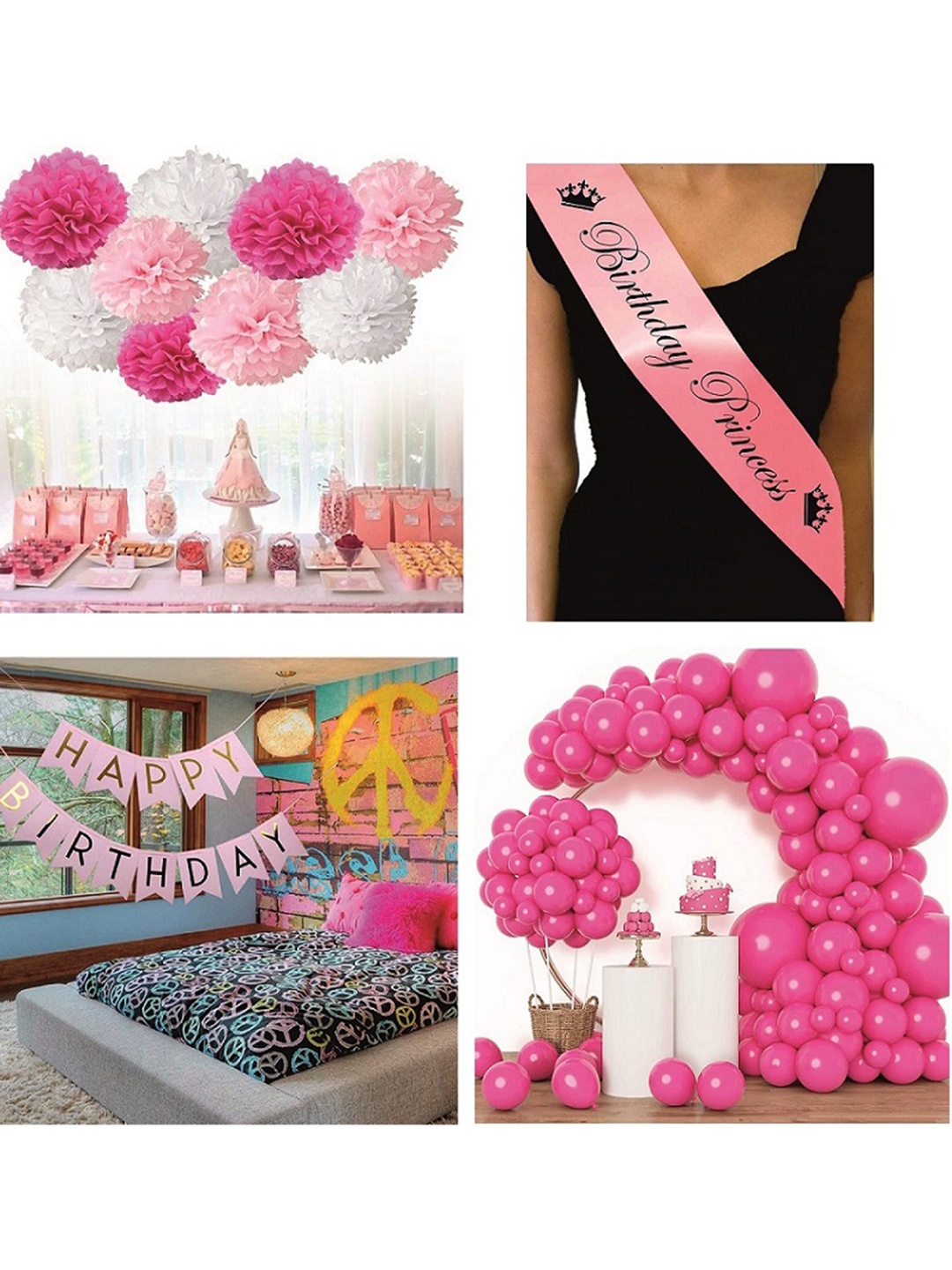

CHOCOZONE Set Of 50 LED Balloons & Banner & Sash & Pom Pom Birthday Decorations, Pink