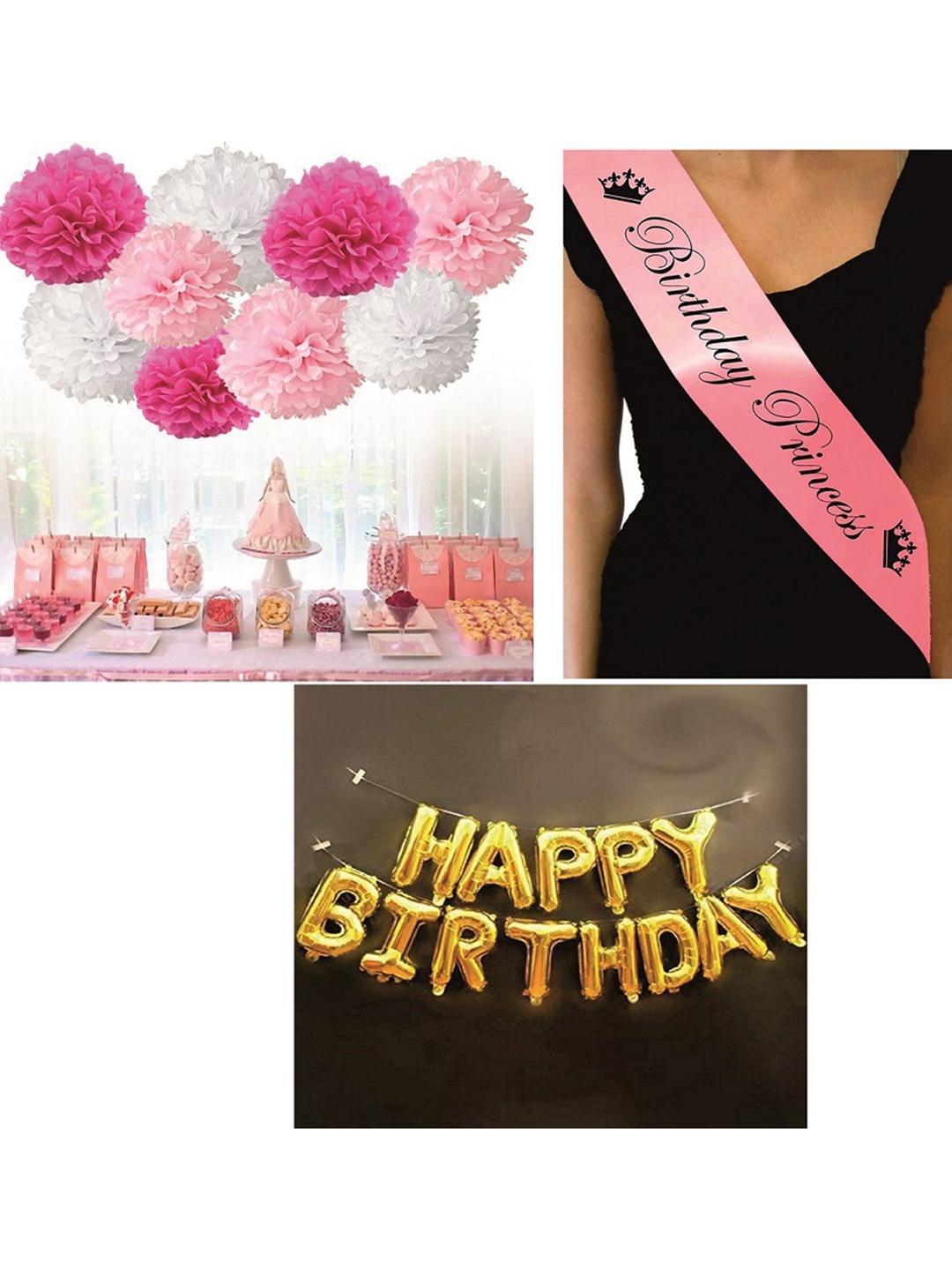 

CHOCOZONE Set of 3 Happy Birthday Party Props Decoration, Pink
