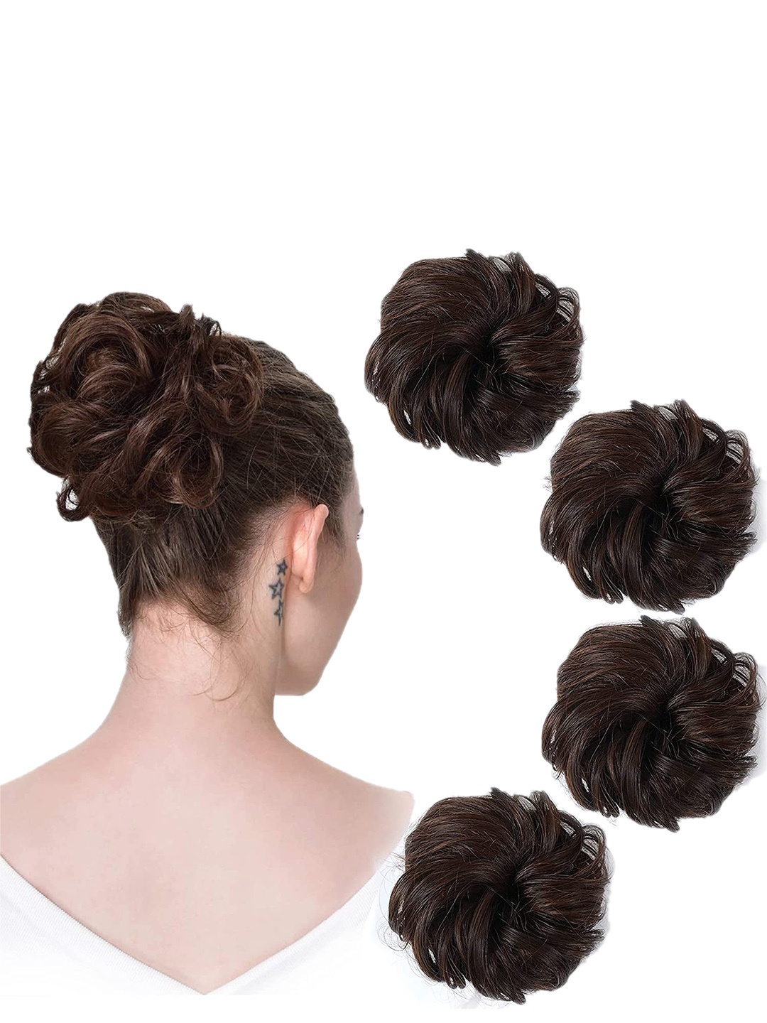 

CHRONEX Set of 4 Synthetic Wavy Curly Messy Bun Hair Ruffles Bands Har Extension, Brown