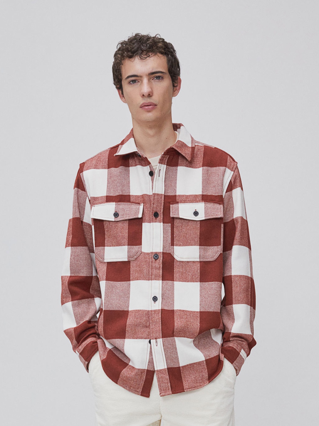 

H&M Men Checked Twill Overshirt, Red