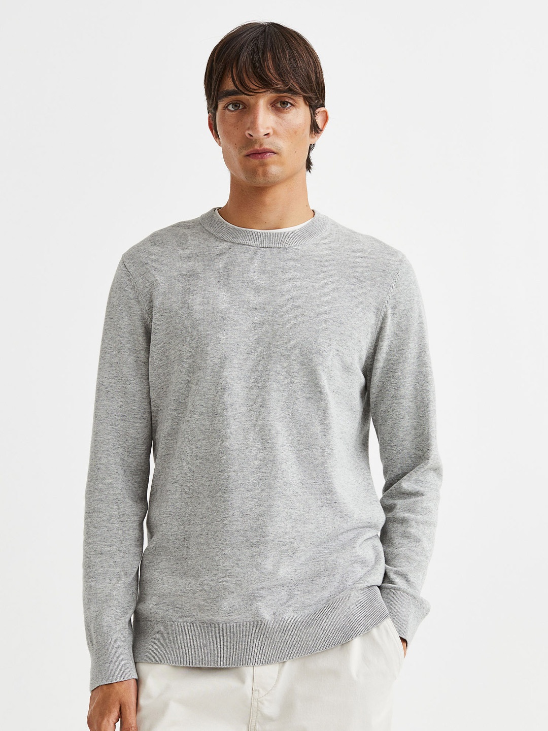 

H&M Men Slim Fit Fine-Knit Cotton Jumper, Grey