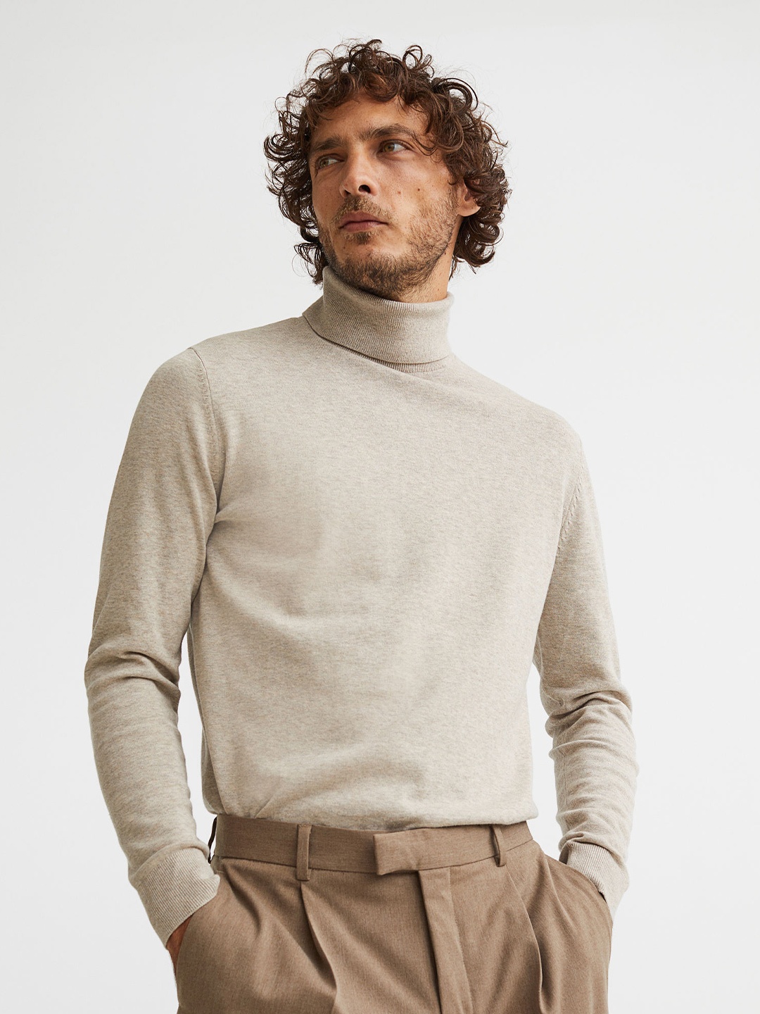 

H&M Slim Fit Fine-Knit Polo-Neck Cotton Jumper, Beige