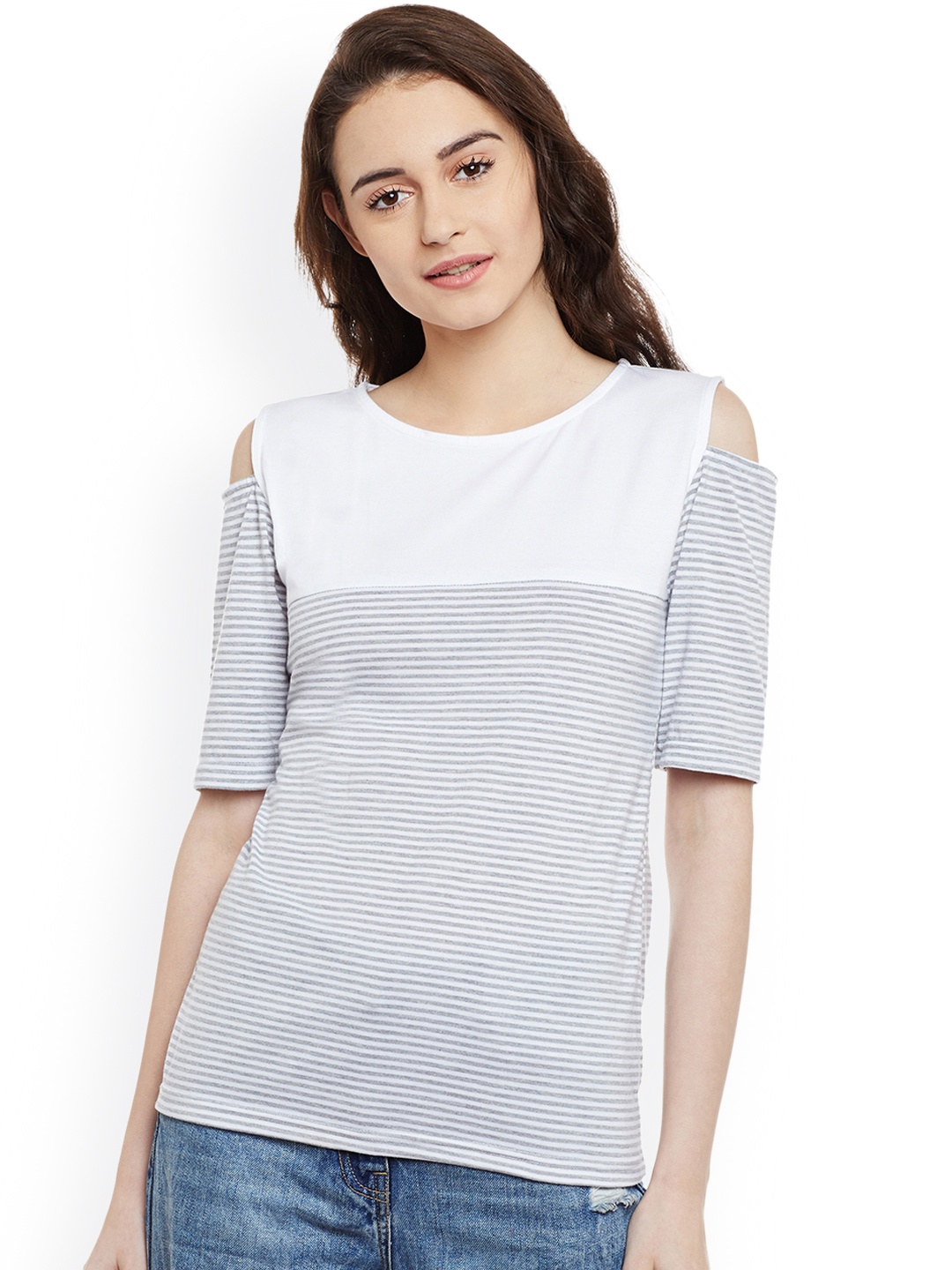 

Miss Chase Women Grey Striped Cold Shoulder Top