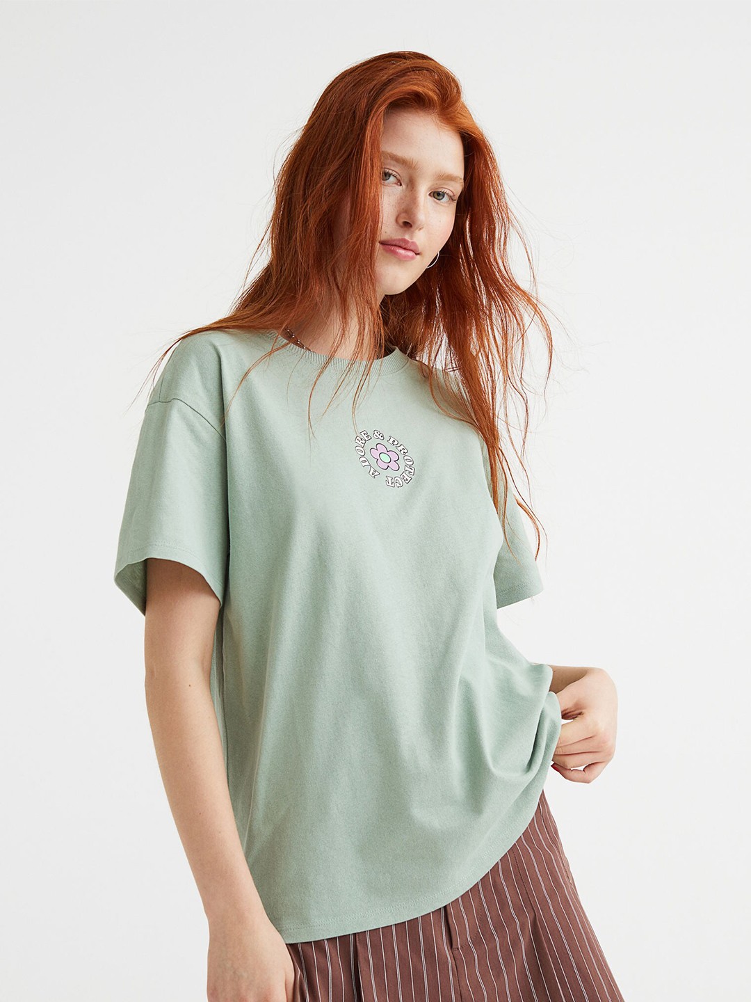 

H&M Women Oversized Printed T-shirt, Sea green