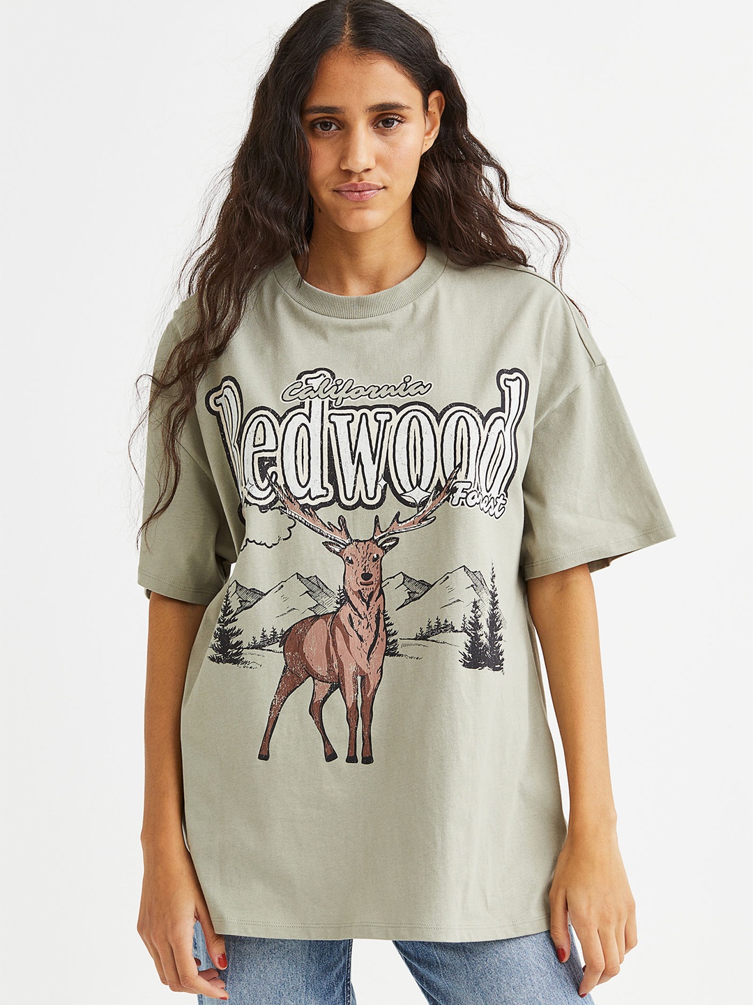 

H&M Oversized Printed T-Shirt, Olive