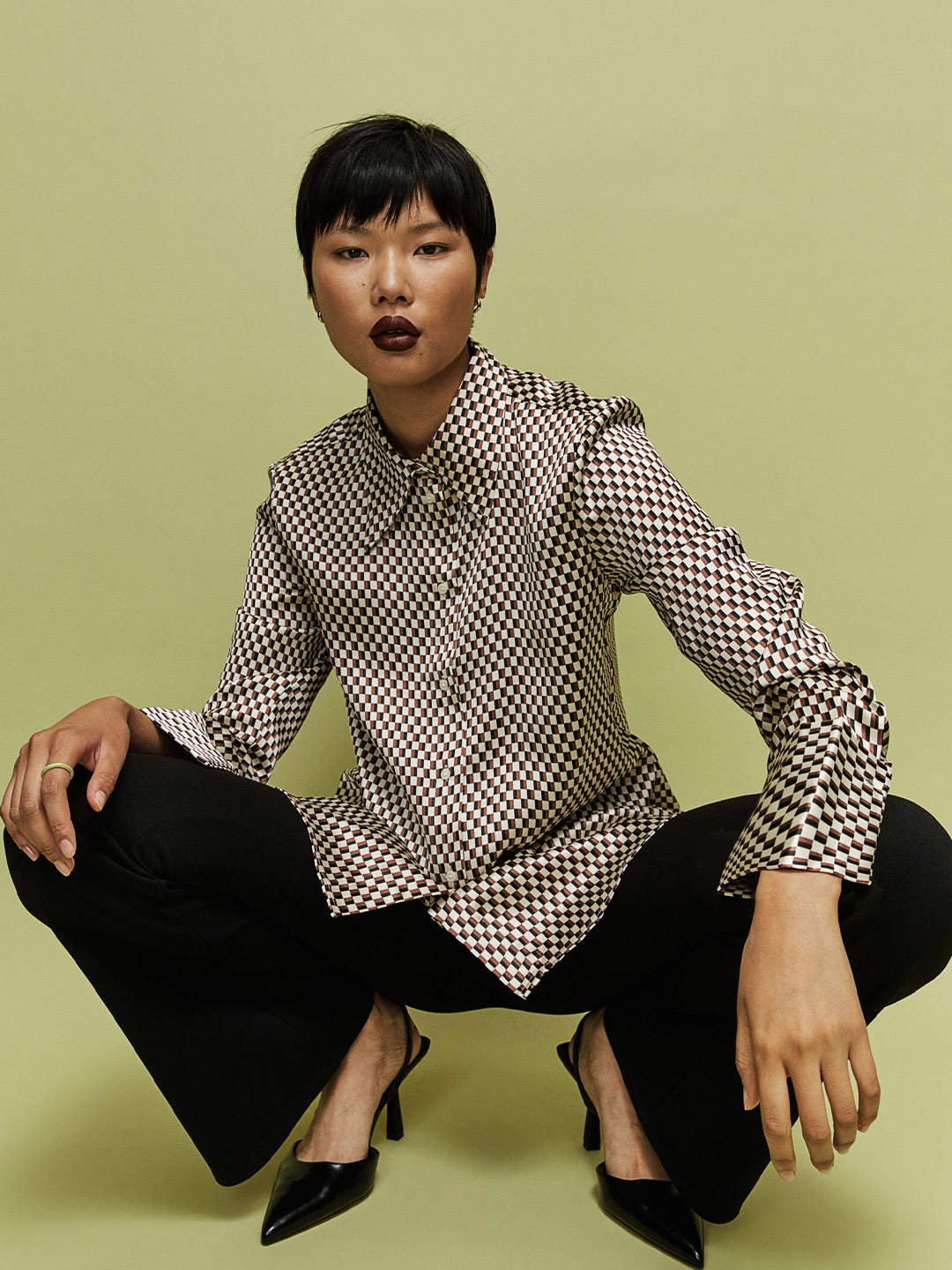 

H&M White & Brown Checked Shirt Style Top