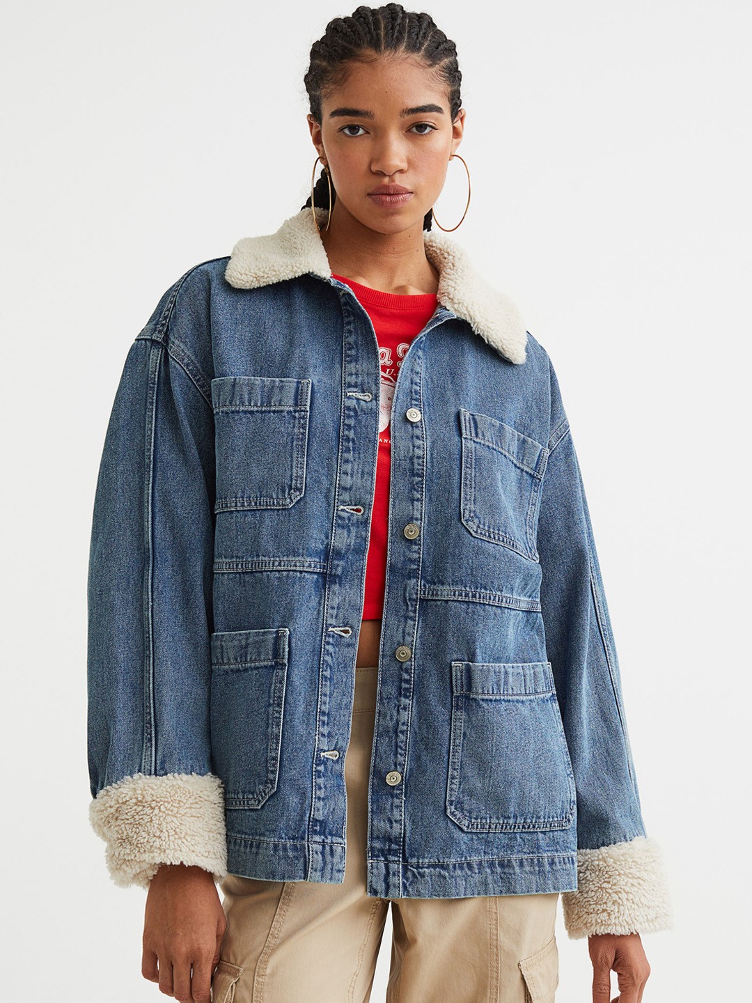 

H&M Women Borg-Collared Denim Jacket, Blue