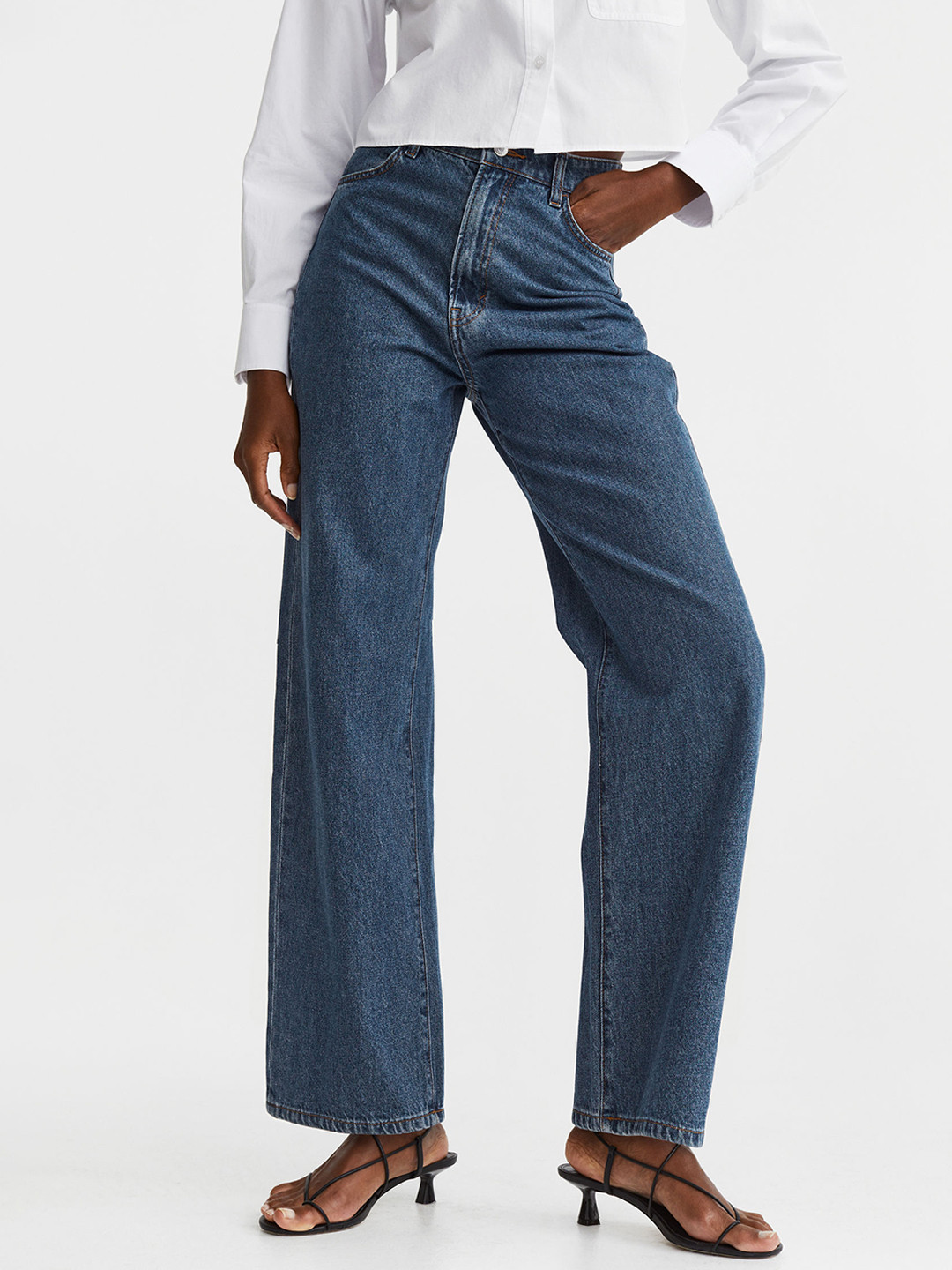 

H&M Women Pure Cotton Wide High Jeans, Blue
