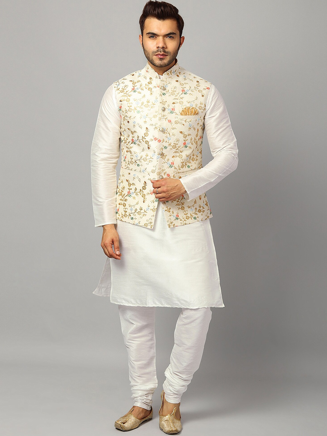 

Uri and MacKenzie Men White Thread Work Kurta with Churidar & Nehru Jacket