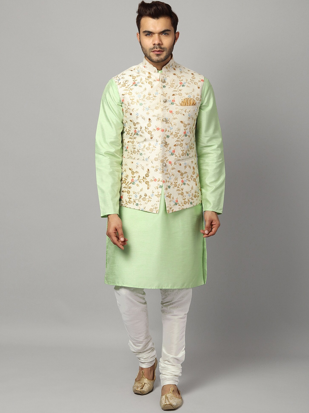 

Uri and MacKenzie Men Green Angrakha Kurta with Churidar with Embroidered Ethnic Bundi Jacket