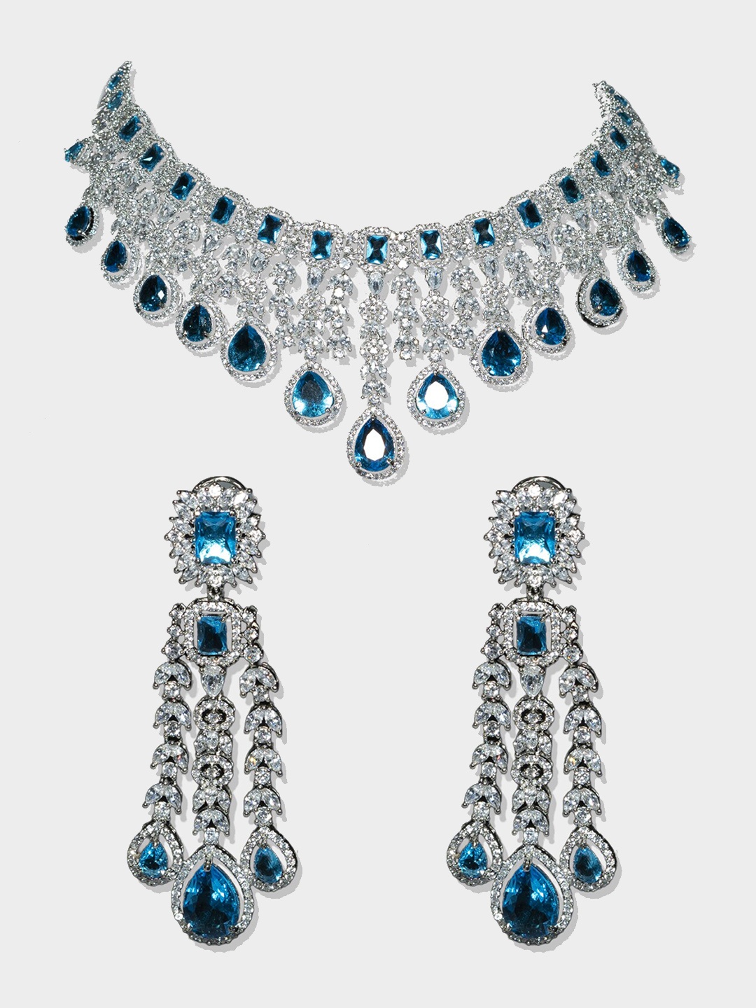 

AURAA TRENDS Rhodium-Plated AD-Studded Jewellery Set, Turquoise blue