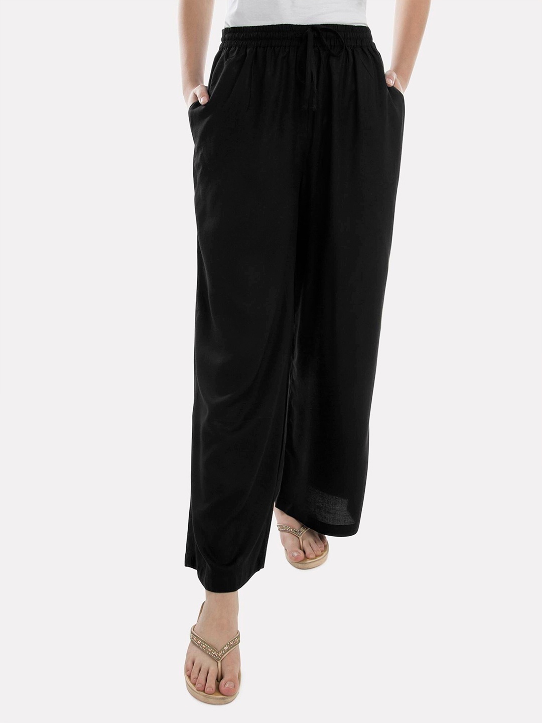 

PATRORNA Women Solid Flared Palazzos, Black