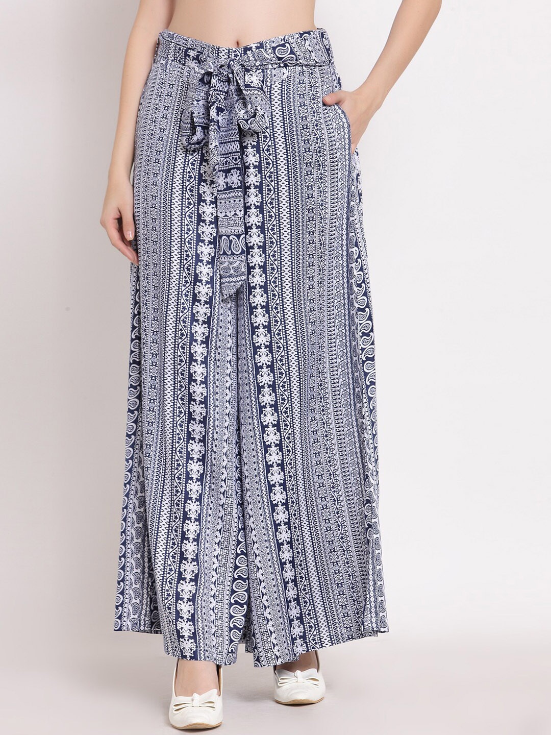 

PATRORNA Women Solid Paisley Printed Palazzos, Blue