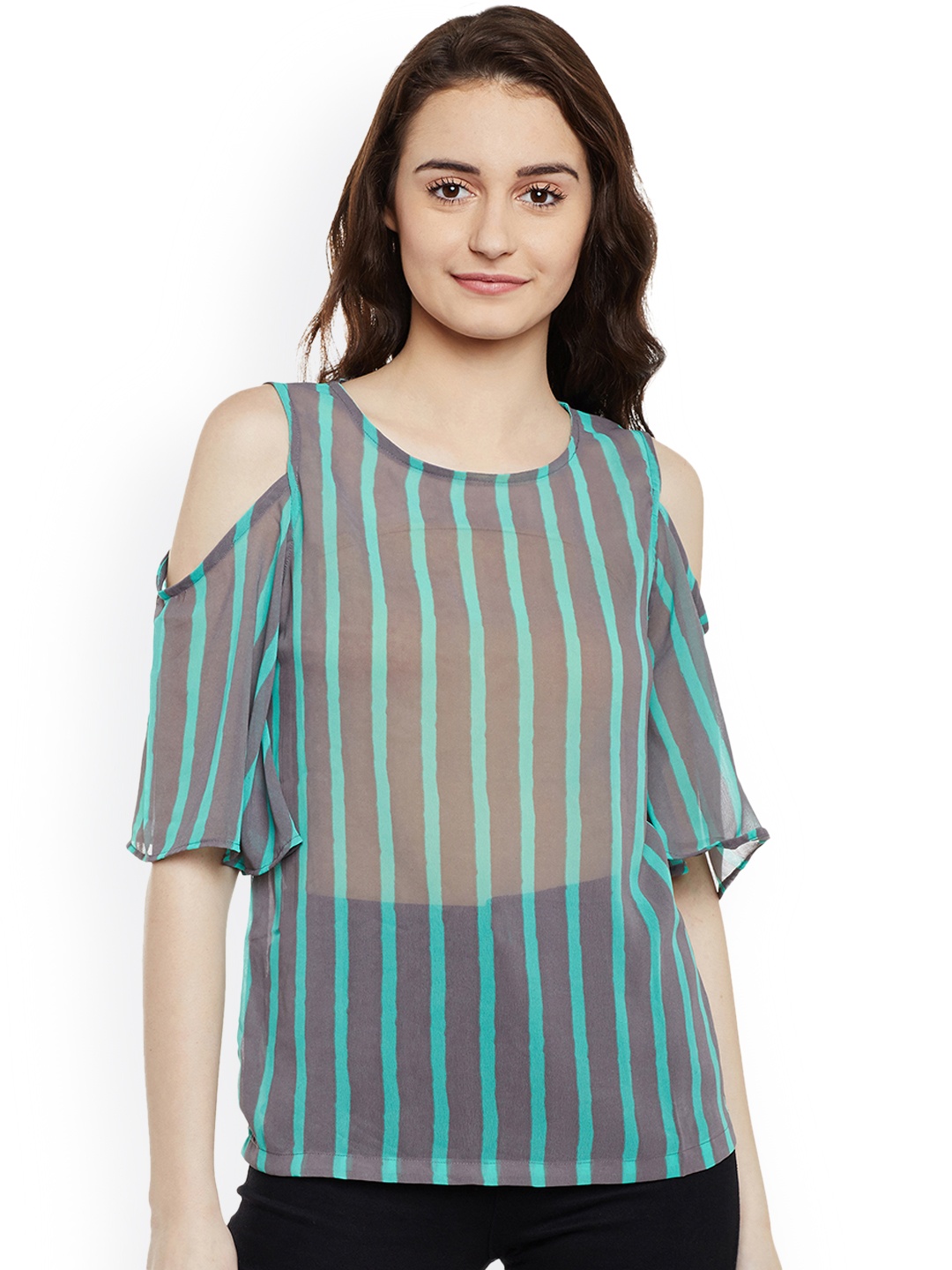 

Miss Chase Women Grey & Blue Striped Sheer Top