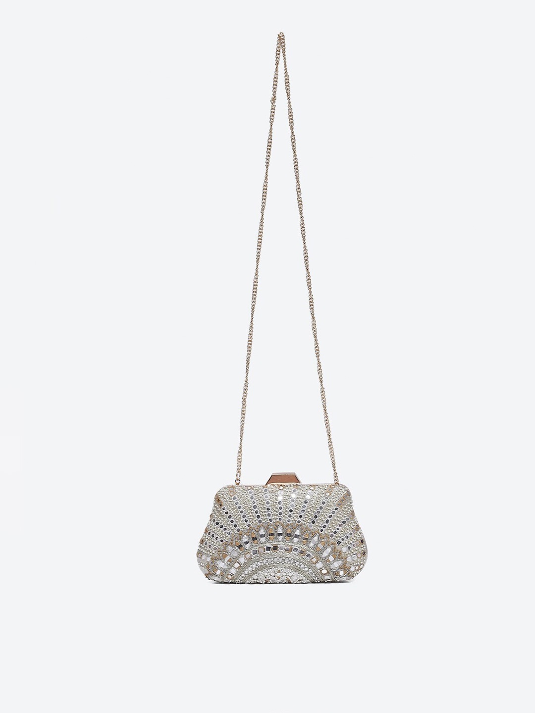 

Biba Women Embroidered Mirror Work Fabric Box Clutch, White