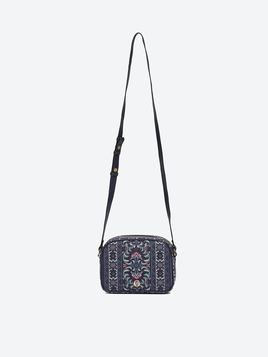 

Biba Ethnic Motifs Printed Structured Sling Bag, Navy blue