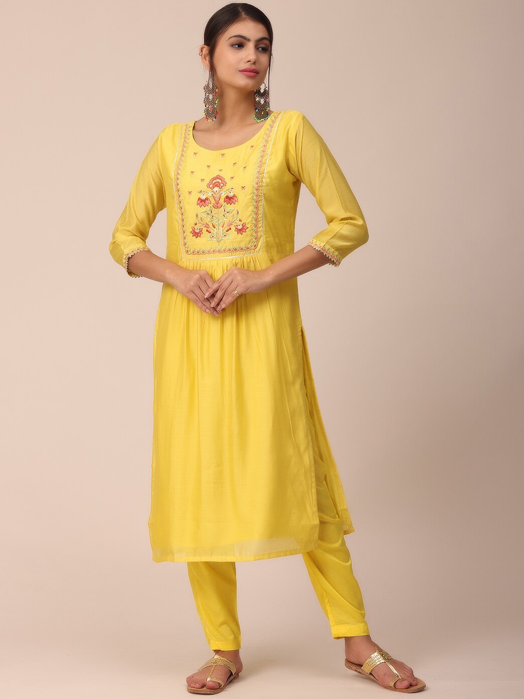 

NAYRA Women Yellow Embroidered Pleated Pure Silk Kurta with Trousers