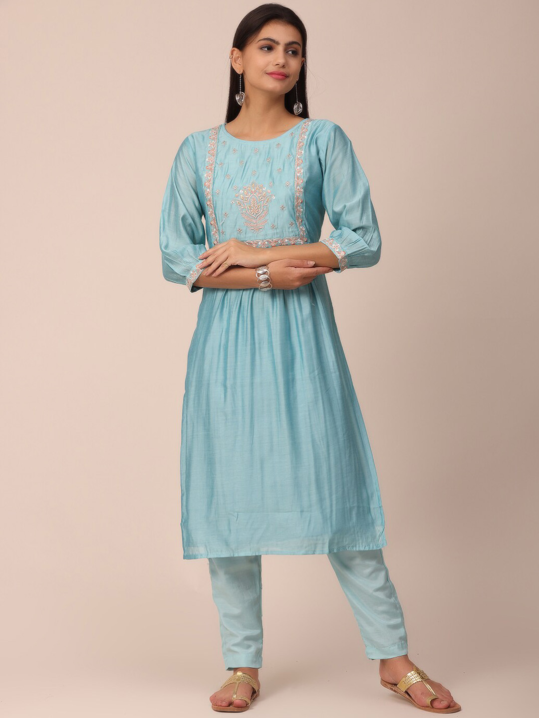 

NAYRA Women Blue Ethnic Motifs Embroidered Thread Work Pure SILK Kurta with Trousers