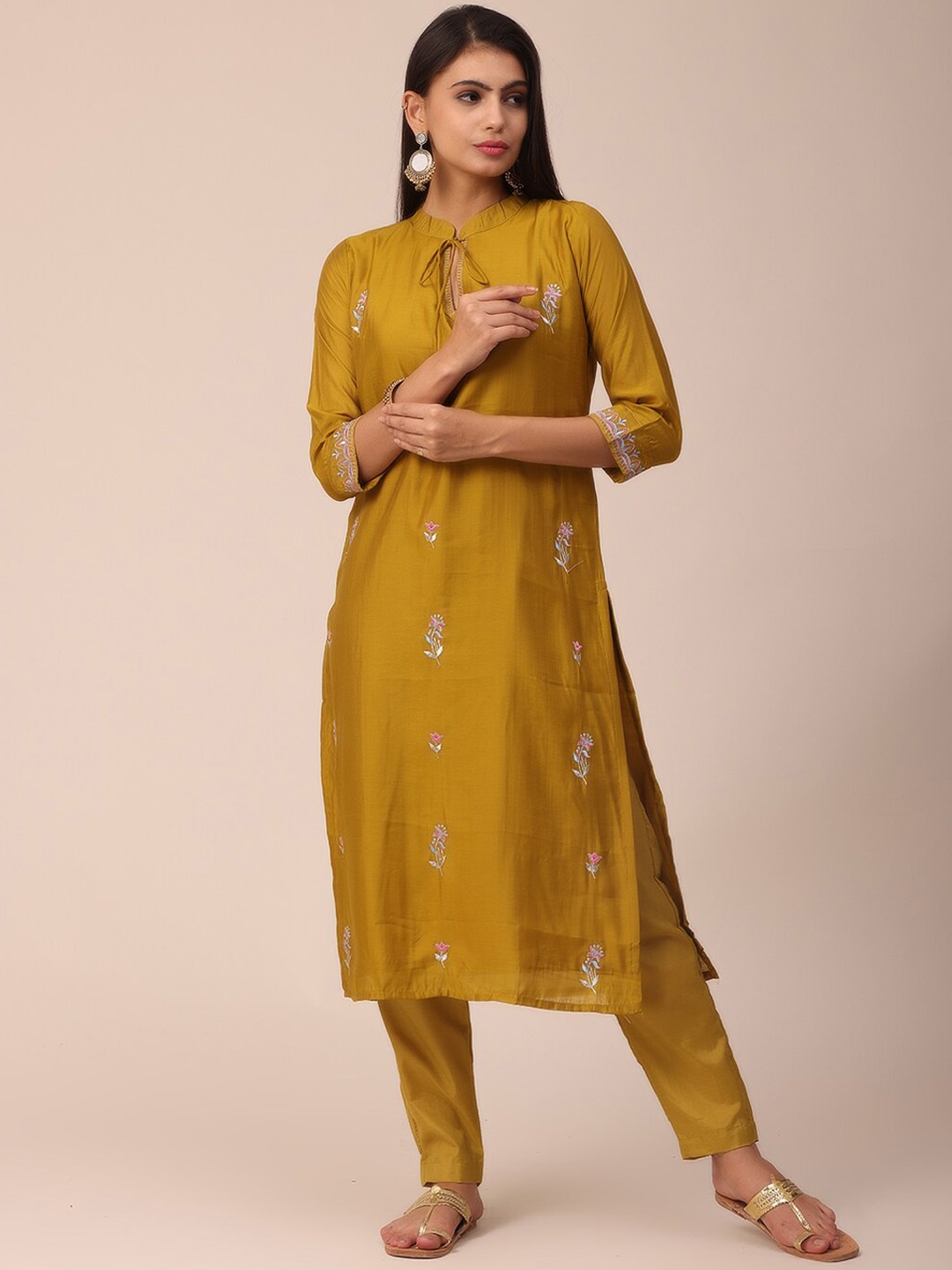 

NAYRA Women Mustard Yellow Floral Embroidered Pure Silk Kurta with Trousers