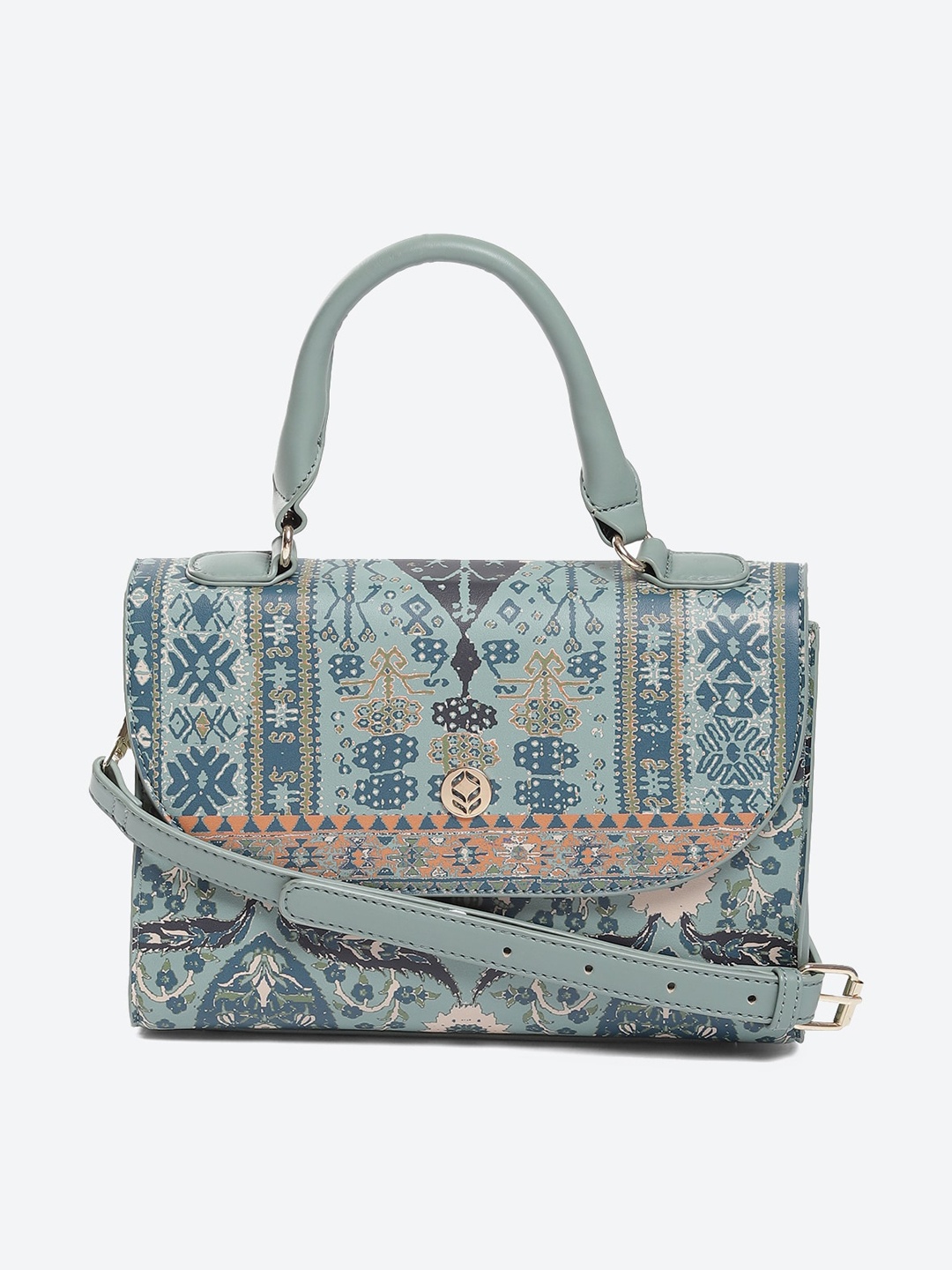 

Biba Ethnic Motifs Printed PU Structured Satchel, Sea green