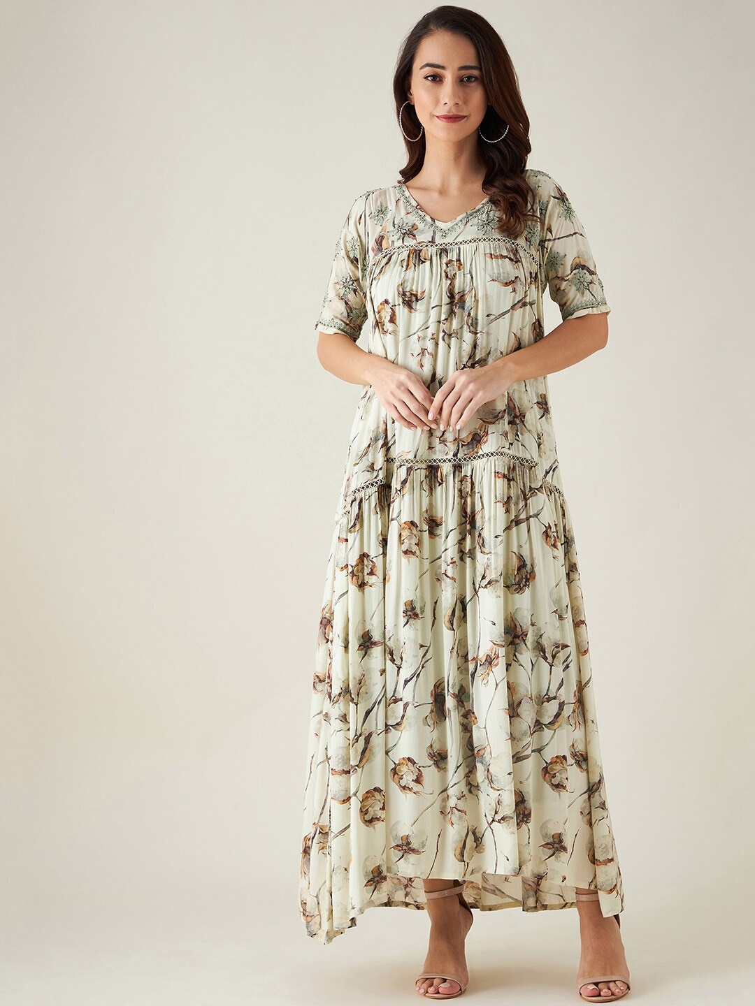 

The Kaftan Company Floral A-Line Maxi Dress, Beige