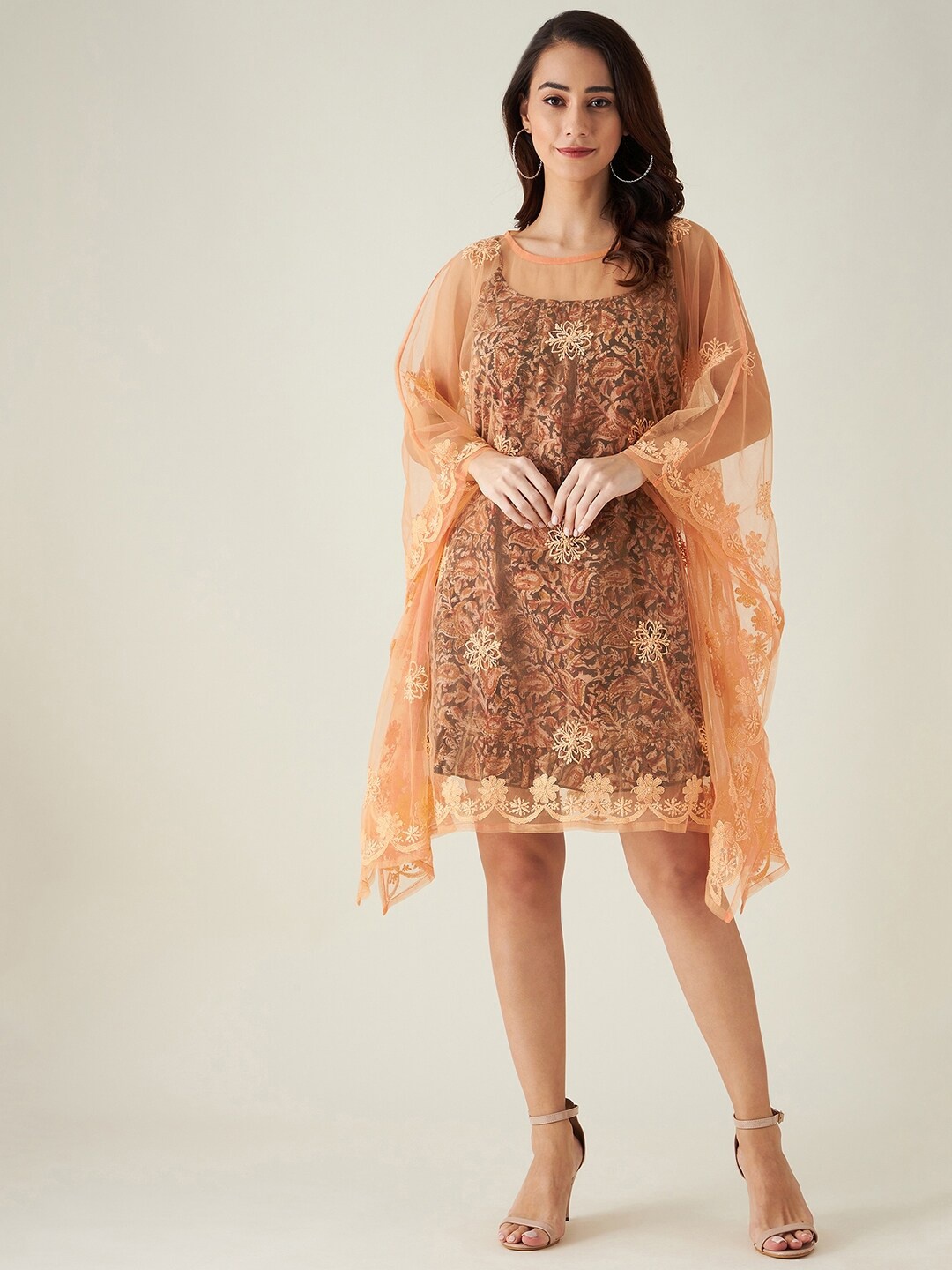 

The Kaftan Company Floral Embroidered Net A-Line Dress, Orange