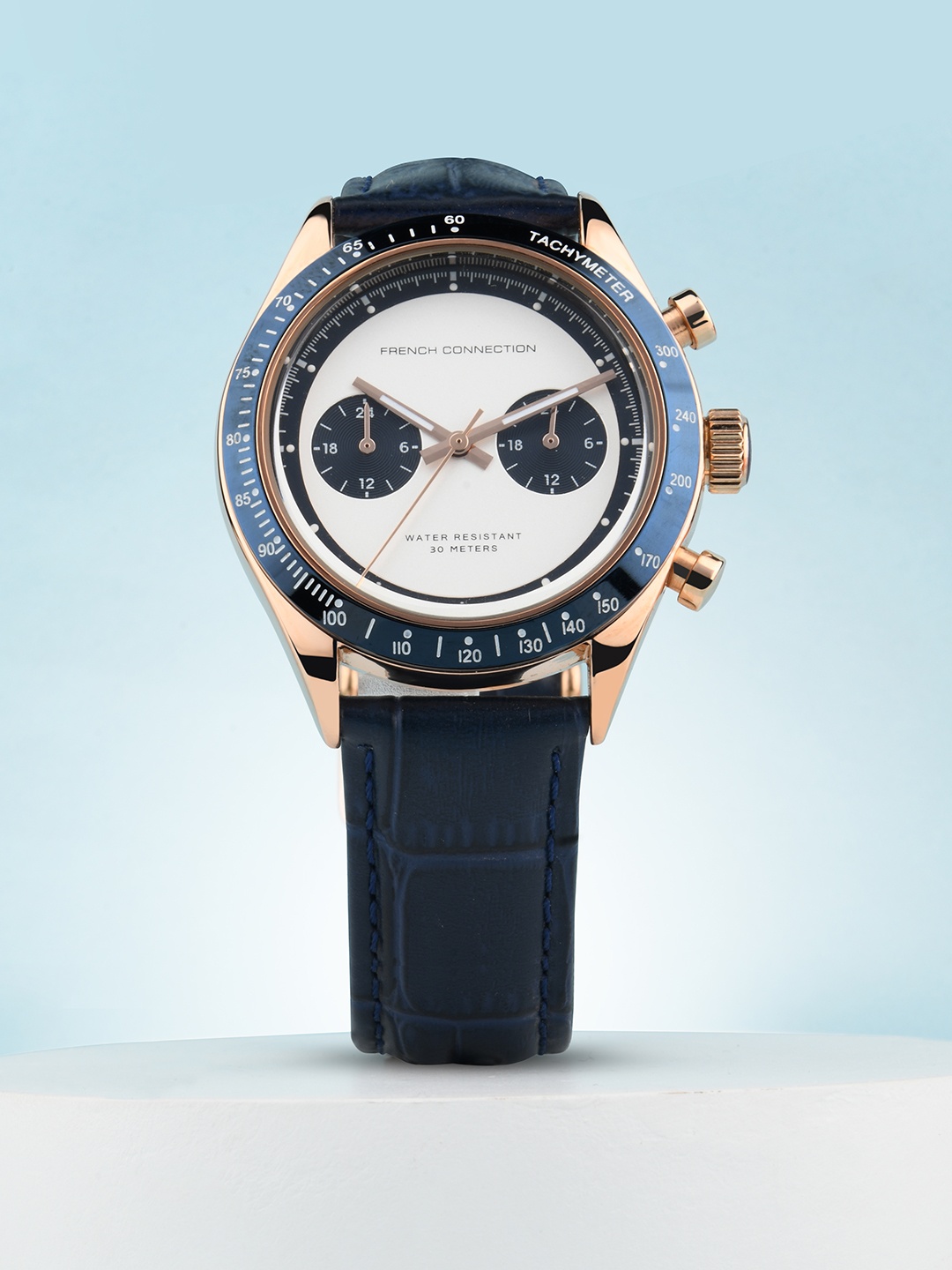 

French Connection Men White Embellished Dial & Blue Leather Textured Straps Analogue Watch