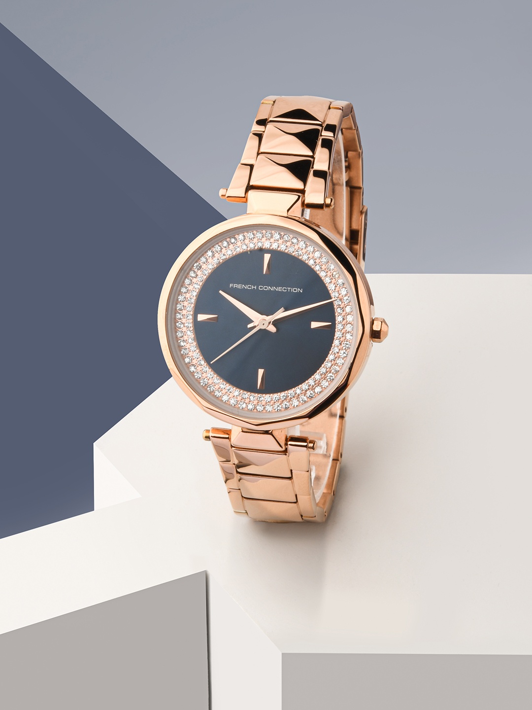 

French Connection Women Blue Embellished Dial & Rose Gold Toned Stainless Steel Straps Analogue Watch