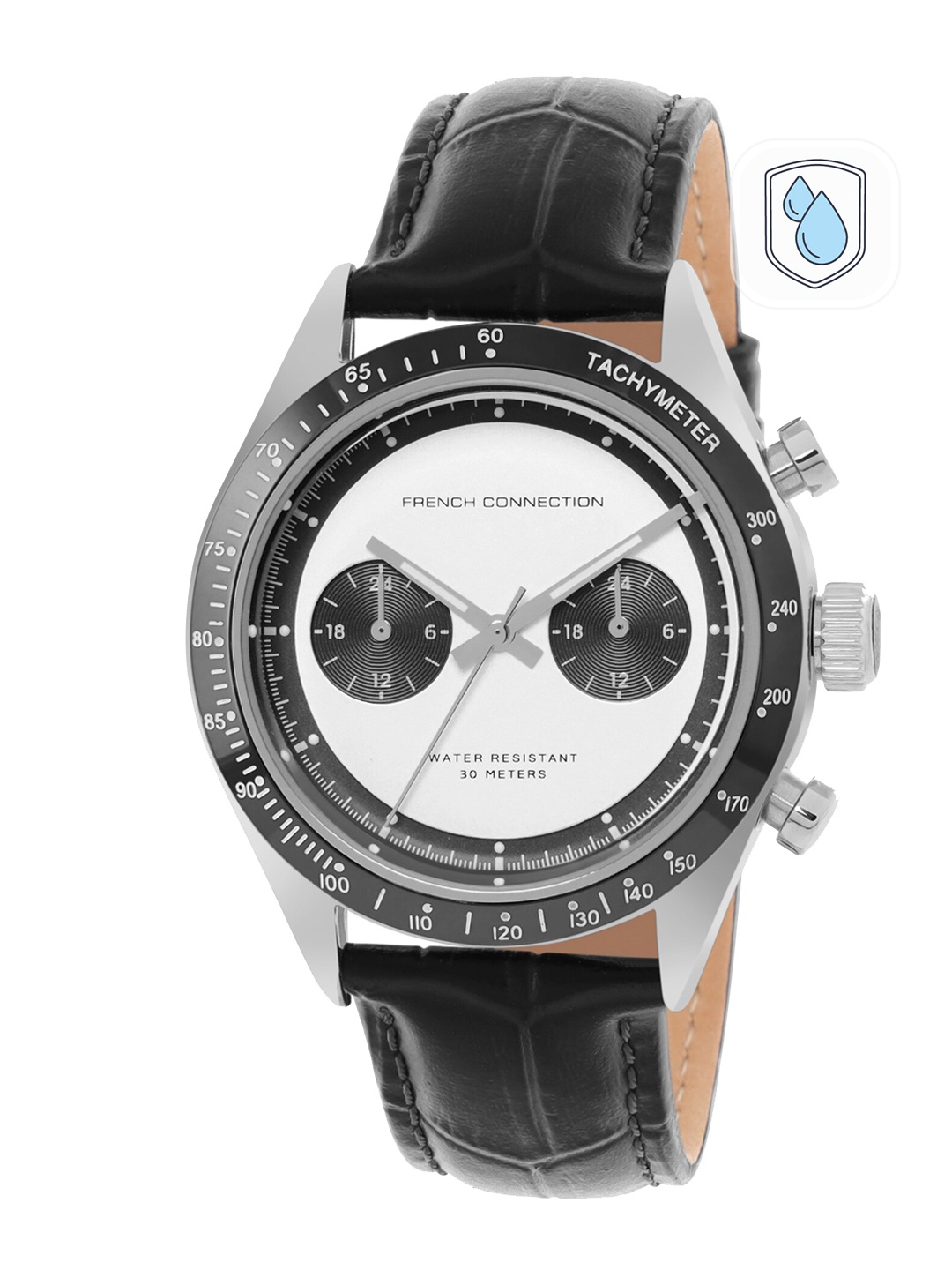 

French Connection Men White Patterned Dial & Black Leather Textured Straps Analogue Watch - FCP37BL, Silver