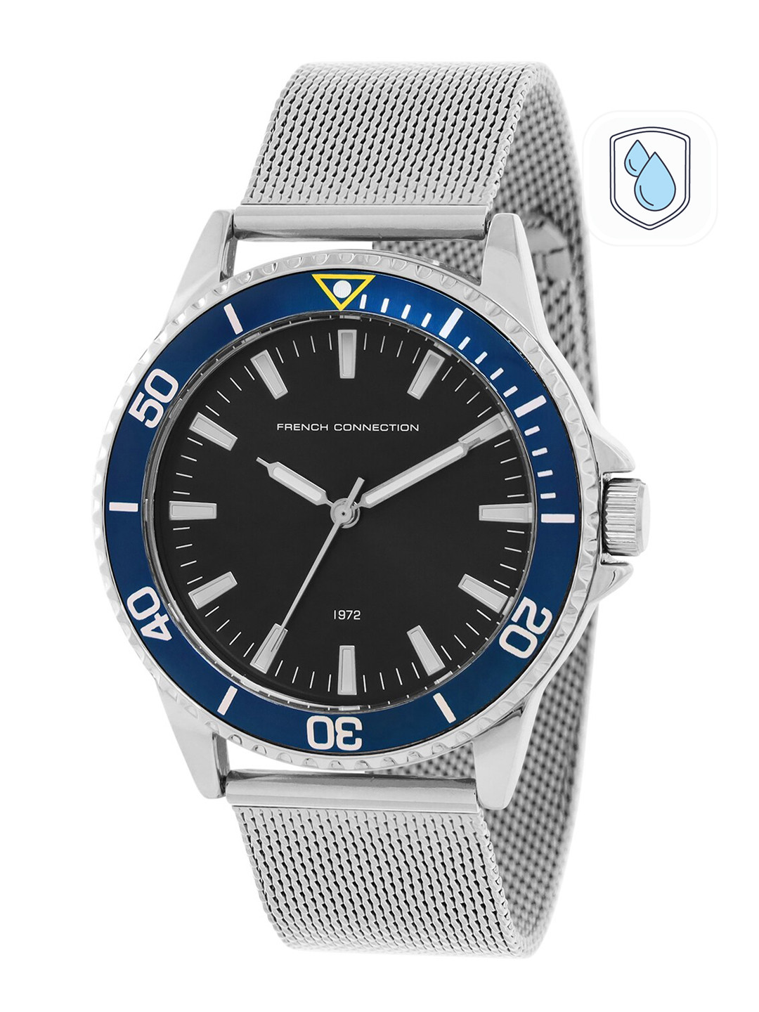 

French Connection Men Black Dial & Silver Toned Stainless Steel Bracelet Style Straps Analogue Watch