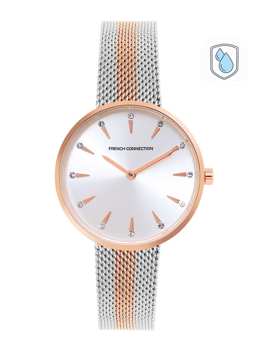 

French Connection Women Silver-Toned Dial & Silver Toned Stainless Steel Bracelet Style Straps Analogue Watch