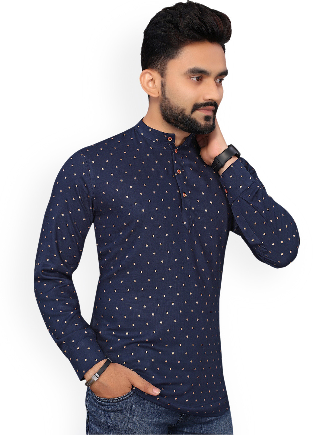 

Nimayaa Men Blue & Beige Geometric Printed Kurta