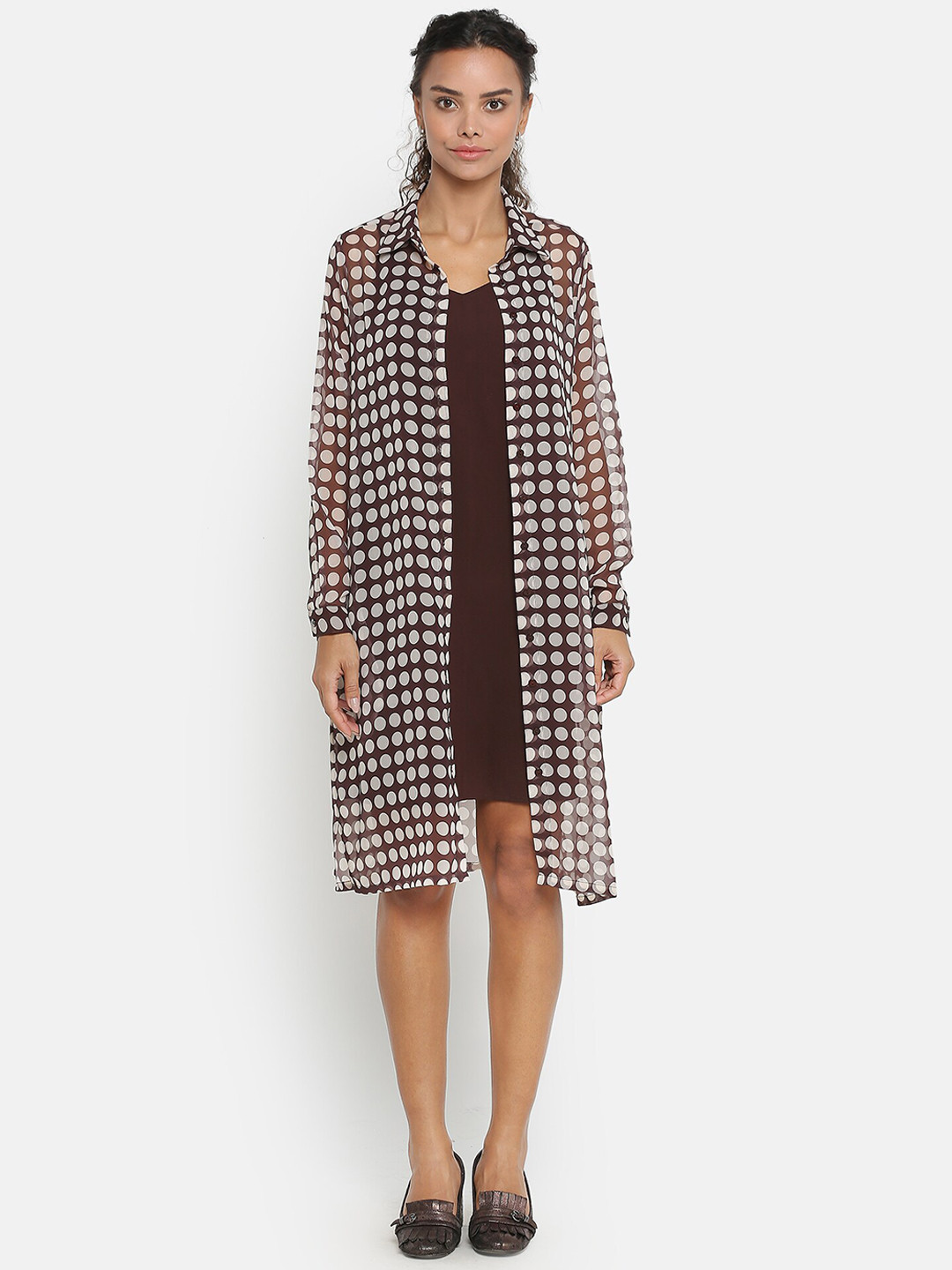 

OFFICE & YOU Women Brown Shirt Collar Printed Tunic with Spaghetti Inner