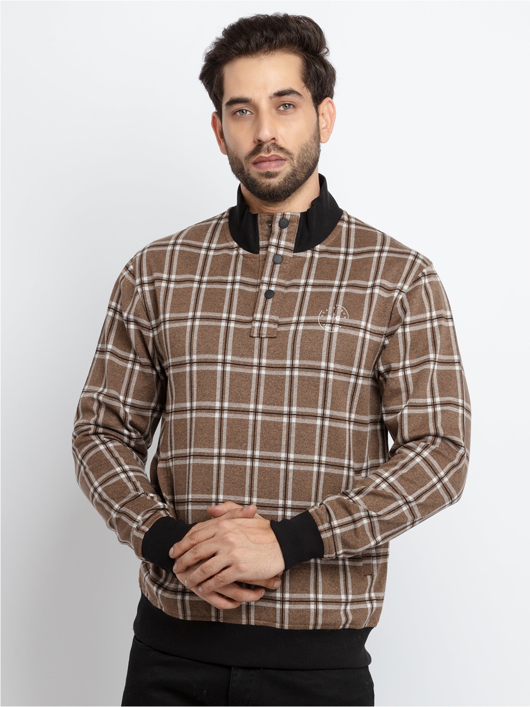 

Status Quo Men Checked Mock Collar Cotton Sweatshirt, Brown