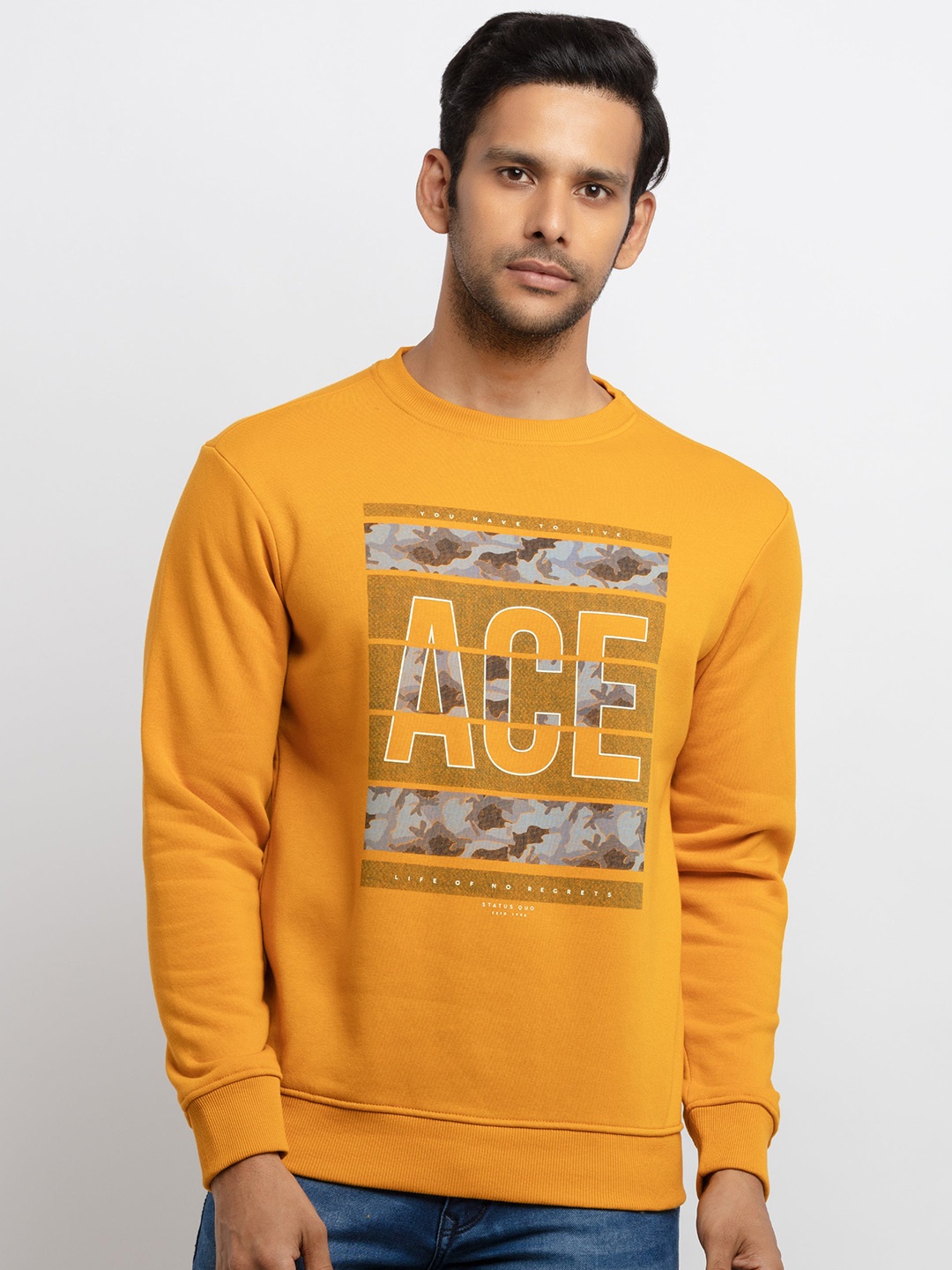 

Status Quo Men Plus Size Graphic Printed Cotton Sweatshirt, Mustard