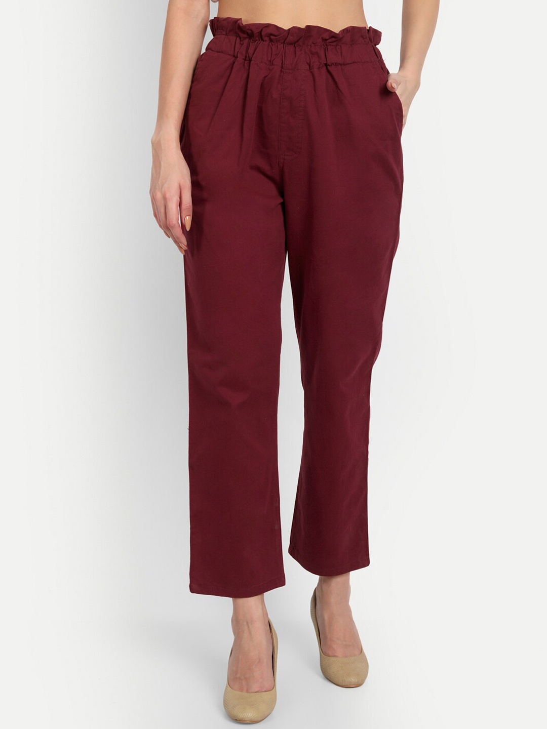 

Lorem Ginzo Women Relaxed Straight Fit High Rise Easy Wash Pleated Trouser, Maroon