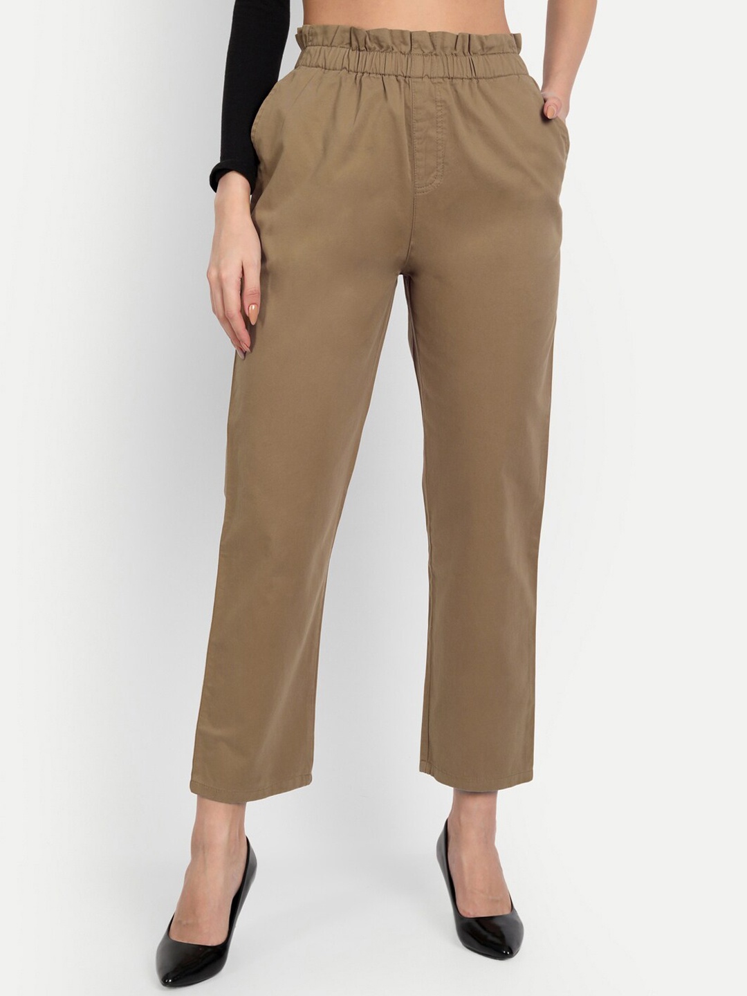 

Lorem Ginzo Women Relaxed Straight Fit High Rise Easy Wash Trouser, Khaki