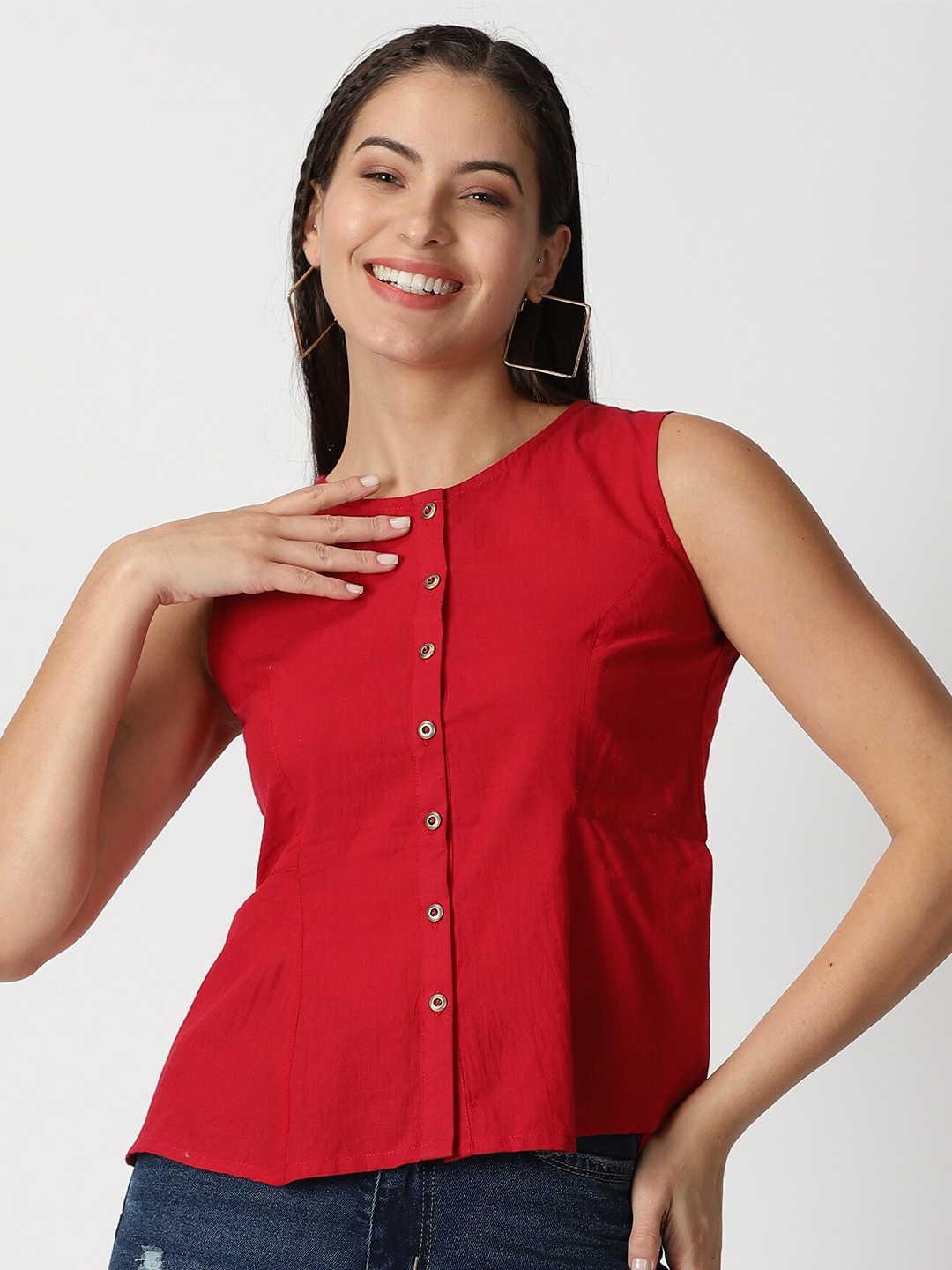 

Saffron Threads Women Maroon Cotton Flax A-line Top