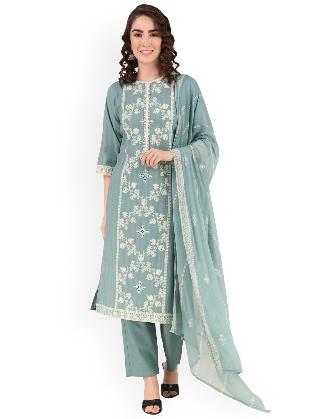 

Mclothings Women Blue Printed Thread Work Kurta with Trousers & With Dupatta