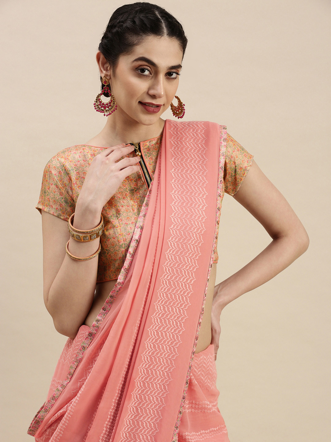 

Shaily Peach-Coloured Striped Pure Chiffon Saree