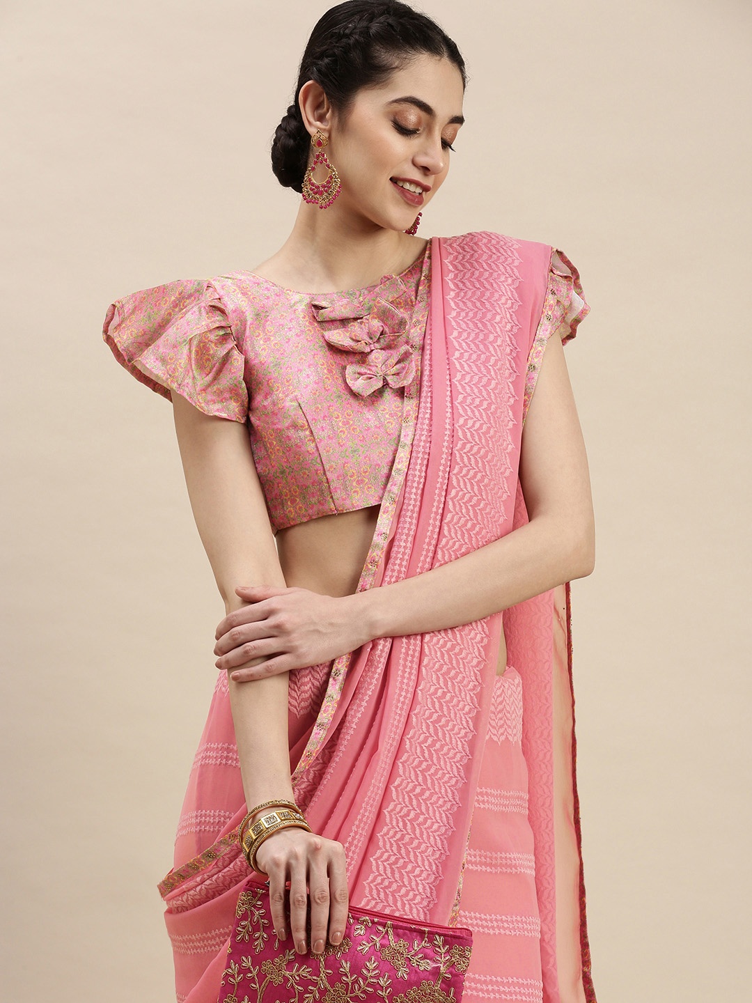 

Shaily Pink Striped Pure Chiffon Saree