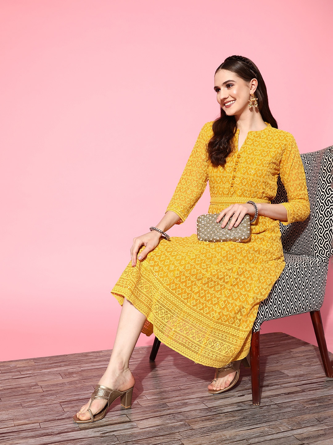 

ZOLA Mustard Yellow Ethnic Motifs Embroidered Georgette Ethnic A-Line Midi Dress