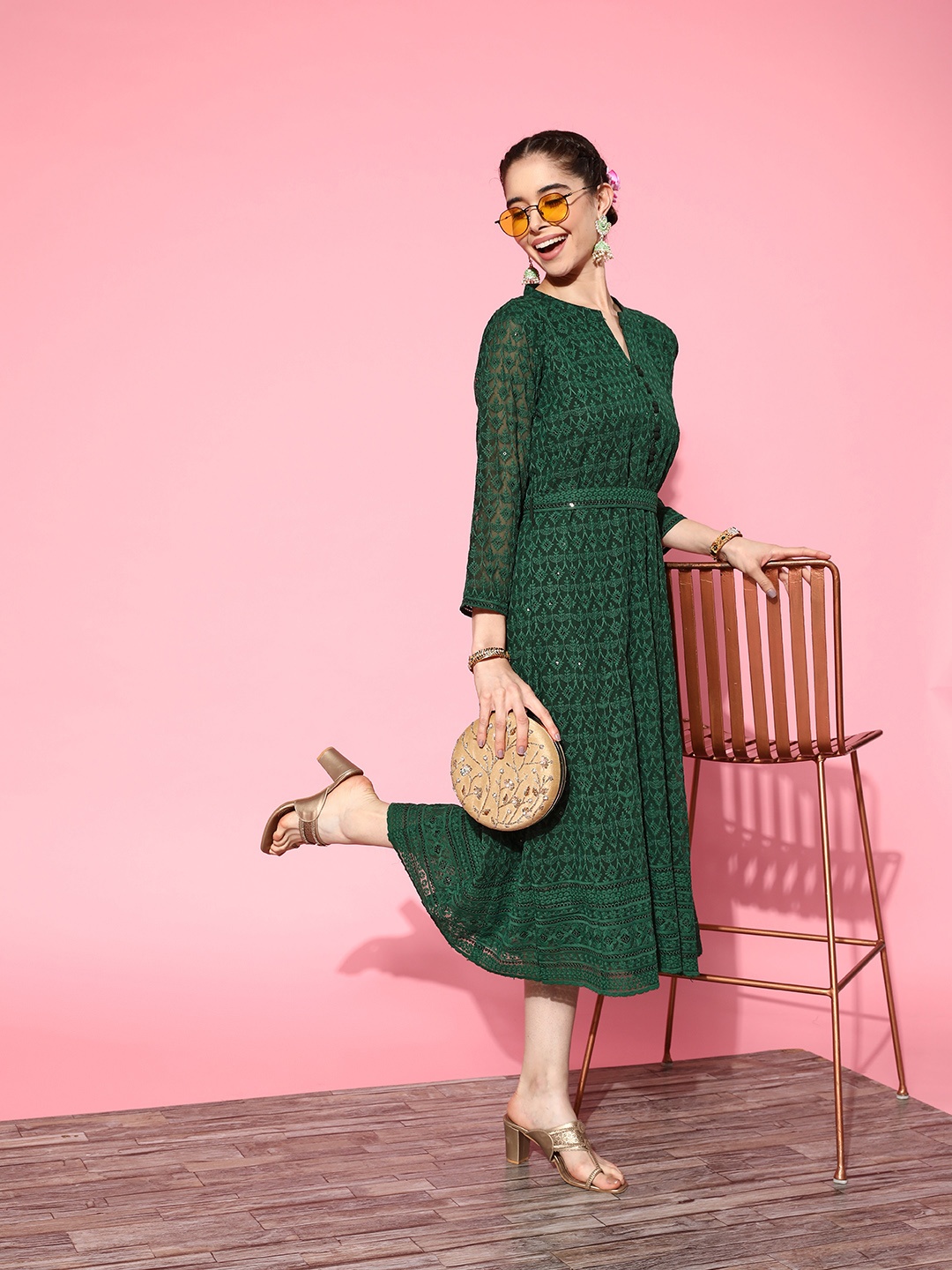 

ZOLA Green Ethnic Motifs Embroidered Georgette Ethnic A-Line Midi Dress