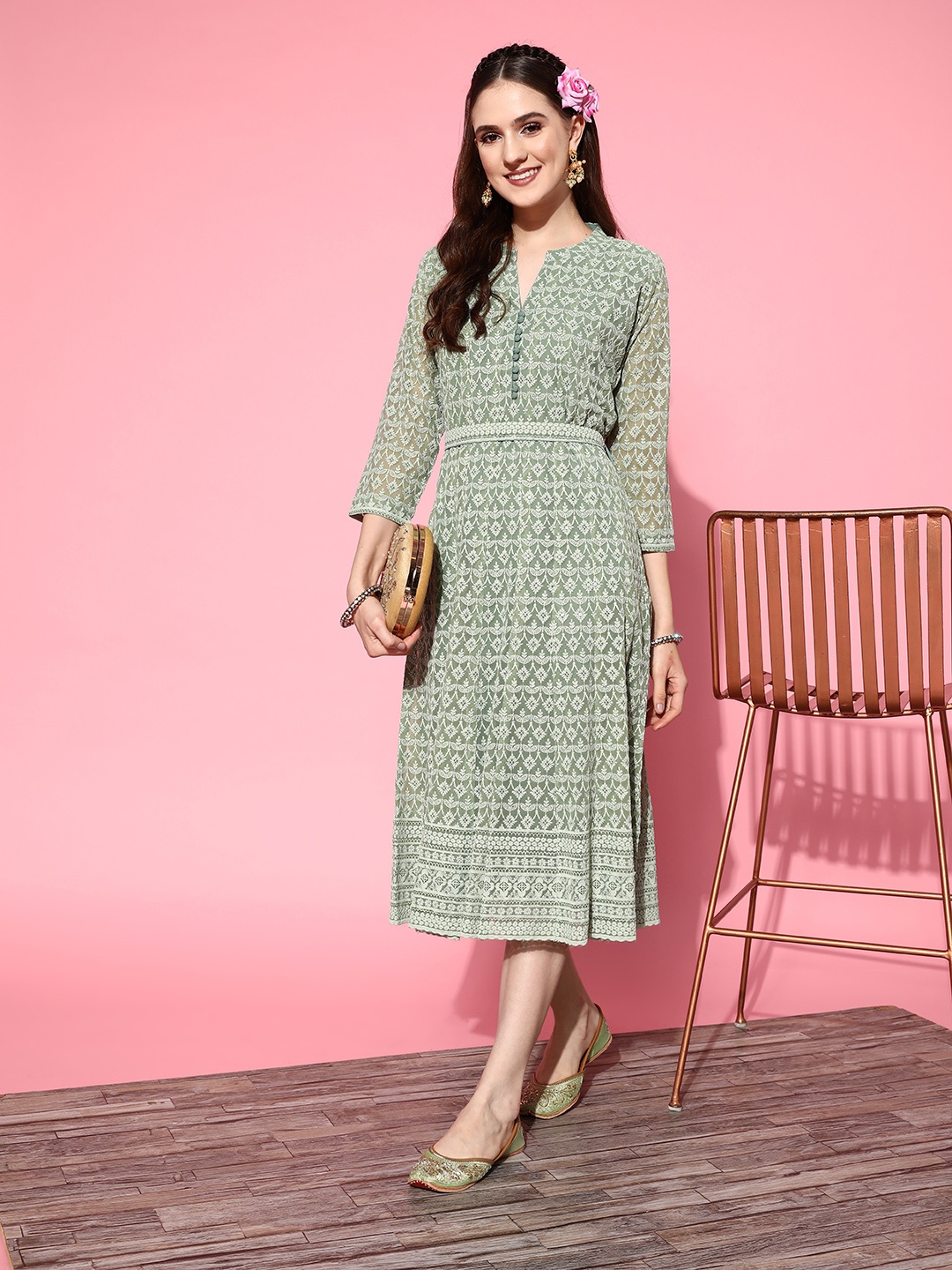 

ZOLA Olive Green Embroidered Georgette Ethnic A-Line Midi Dress