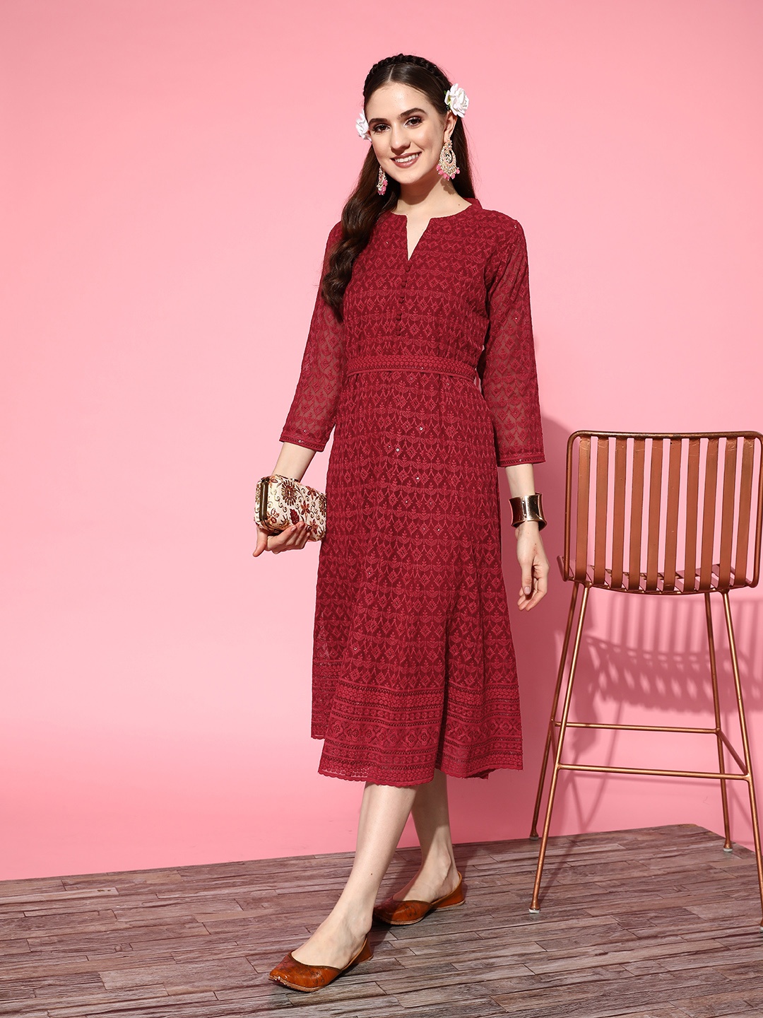 

ZOLA Maroon Ethnic Motifs Embroidered Georgette Ethnic A-Line Midi Dress