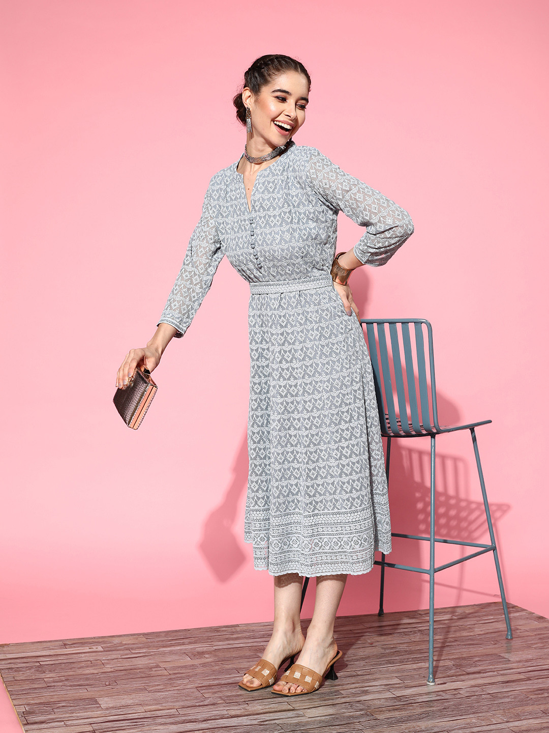 

ZOLA Grey Ethnic Motifs Embroidered Georgette Ethnic A-Line Midi Dress