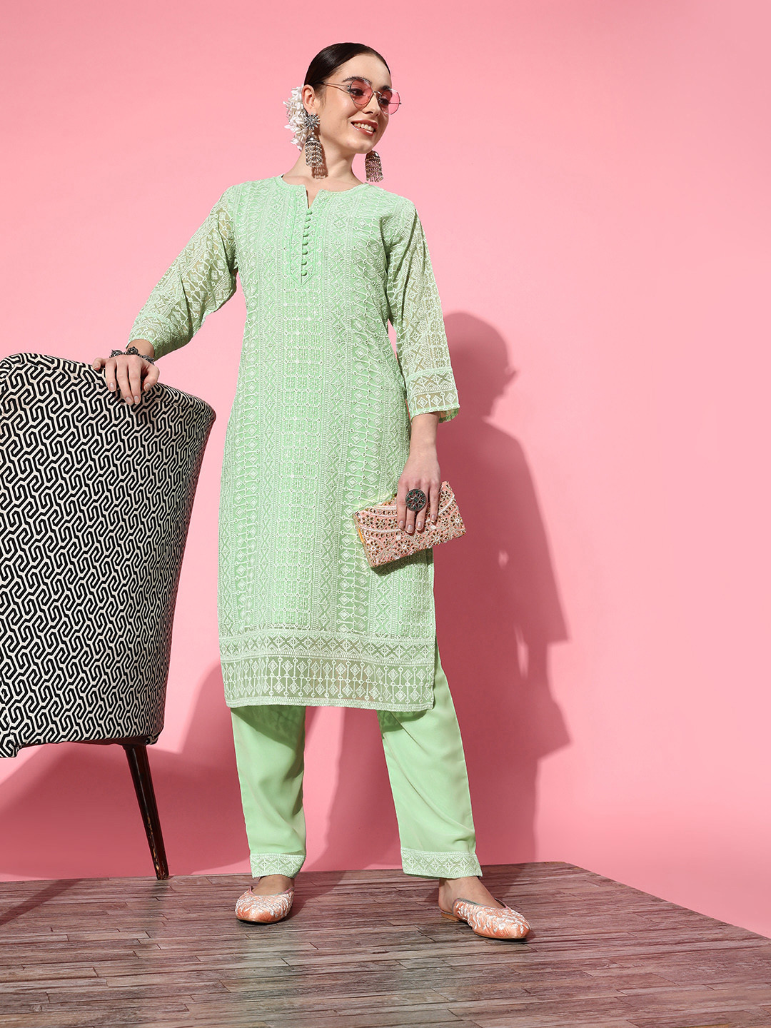 

ZOLA Green Ethnic Motifs Embroidered Chikankari Kurta with Trousers