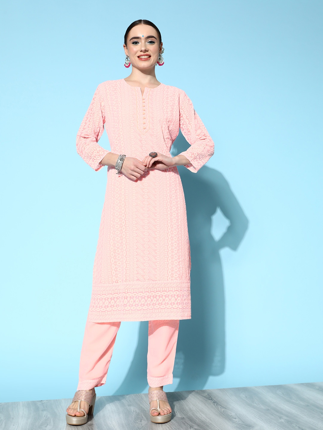 

ZOLA Pink Ethnic Motifs Embroidered Chikankari Kurta with Trousers