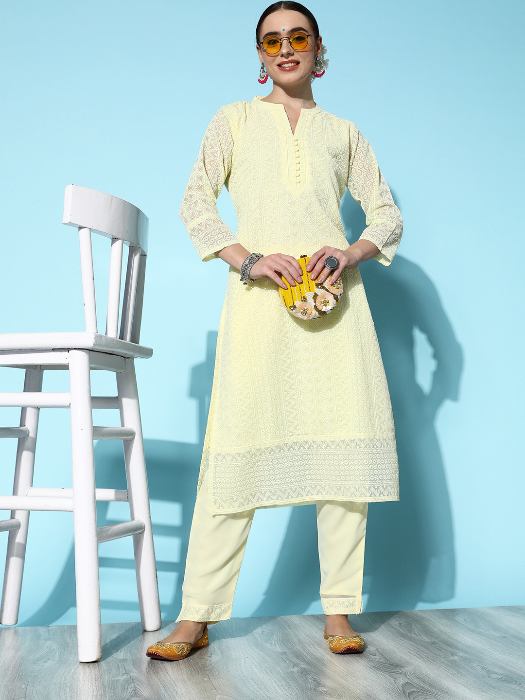 

ZOLA Yellow Ethnic Motifs Embroidered Chikankari Kurta with Trousers