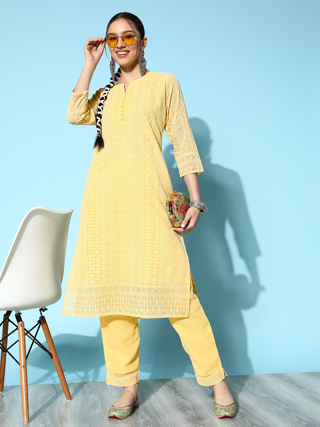 

ZOLA Set Yellow Ethnic Motifs Embroidered Chikankari Kurta with Trousers